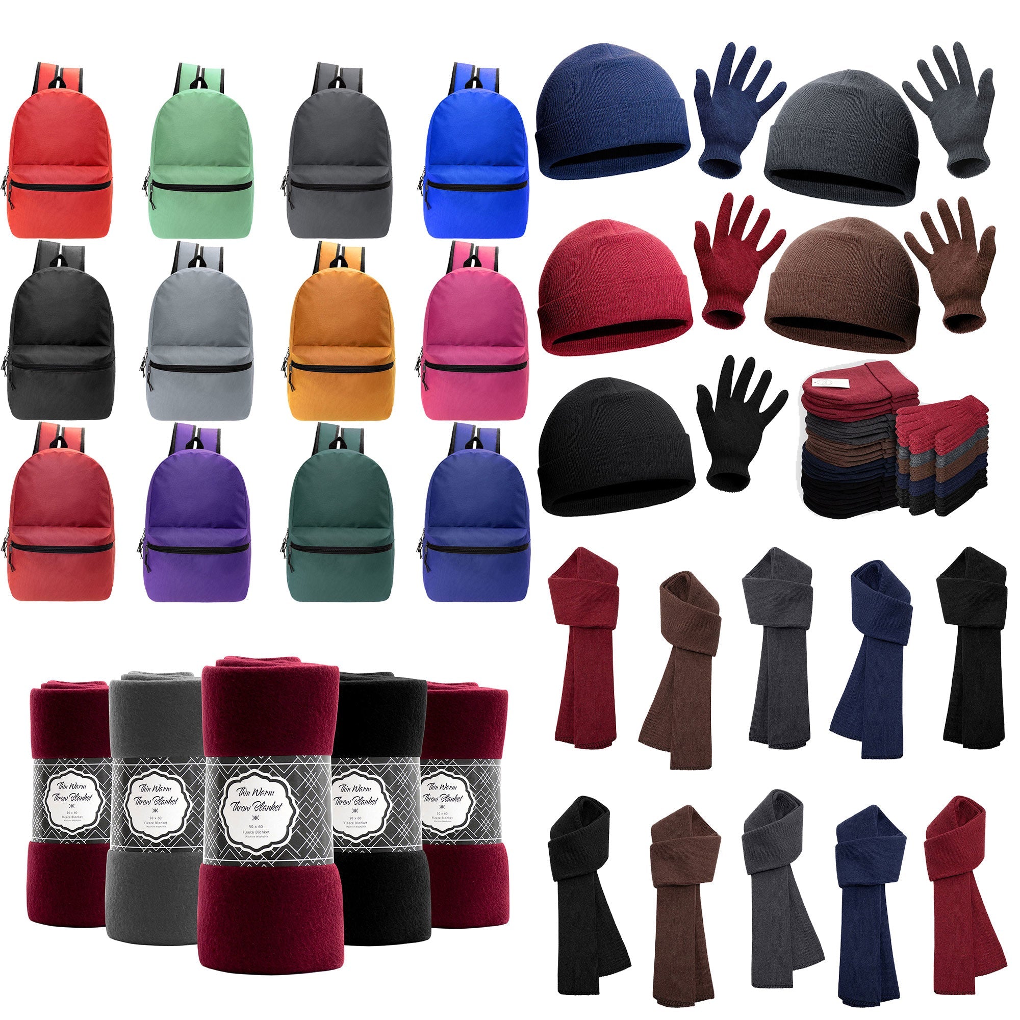 12 Wholesale 18.5" Basic Backpacks in 12 Colors & Your Choice of 12 Winter Item Sets - Wholesale Care Package: Homeless, Emergency, Charity