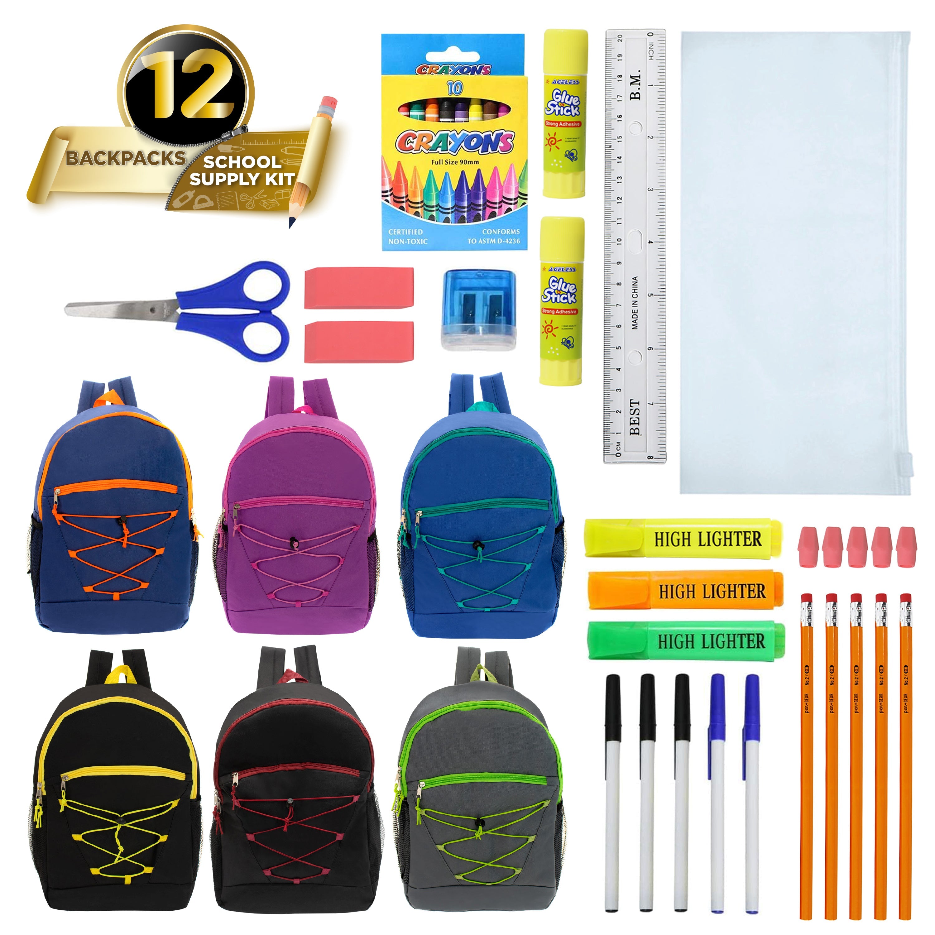 12 Wholesale 17" Bungee Backpacks in 6 Colors & 12 Bulk School Supply Kits of Your Choice