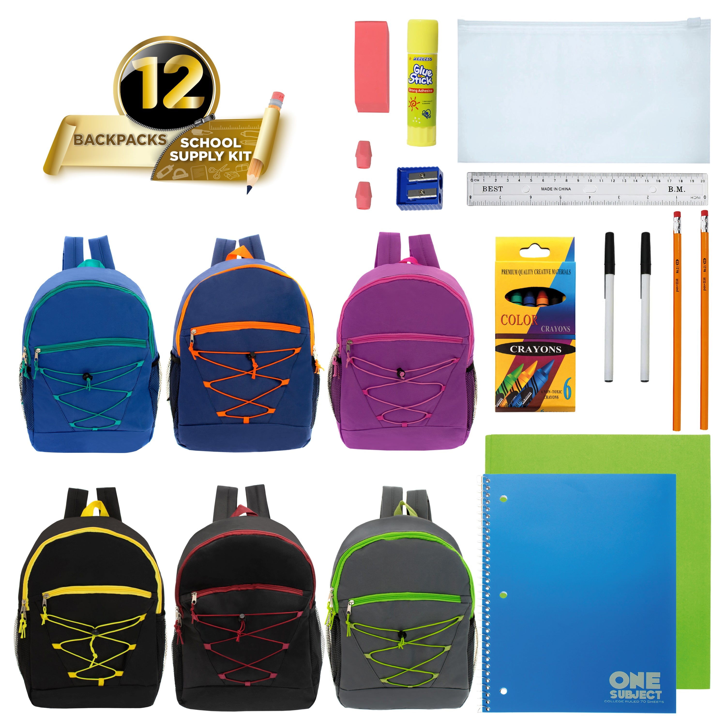 12 Wholesale 17" Bungee Backpacks in 6 Colors & 12 Bulk School Supply Kits of Your Choice