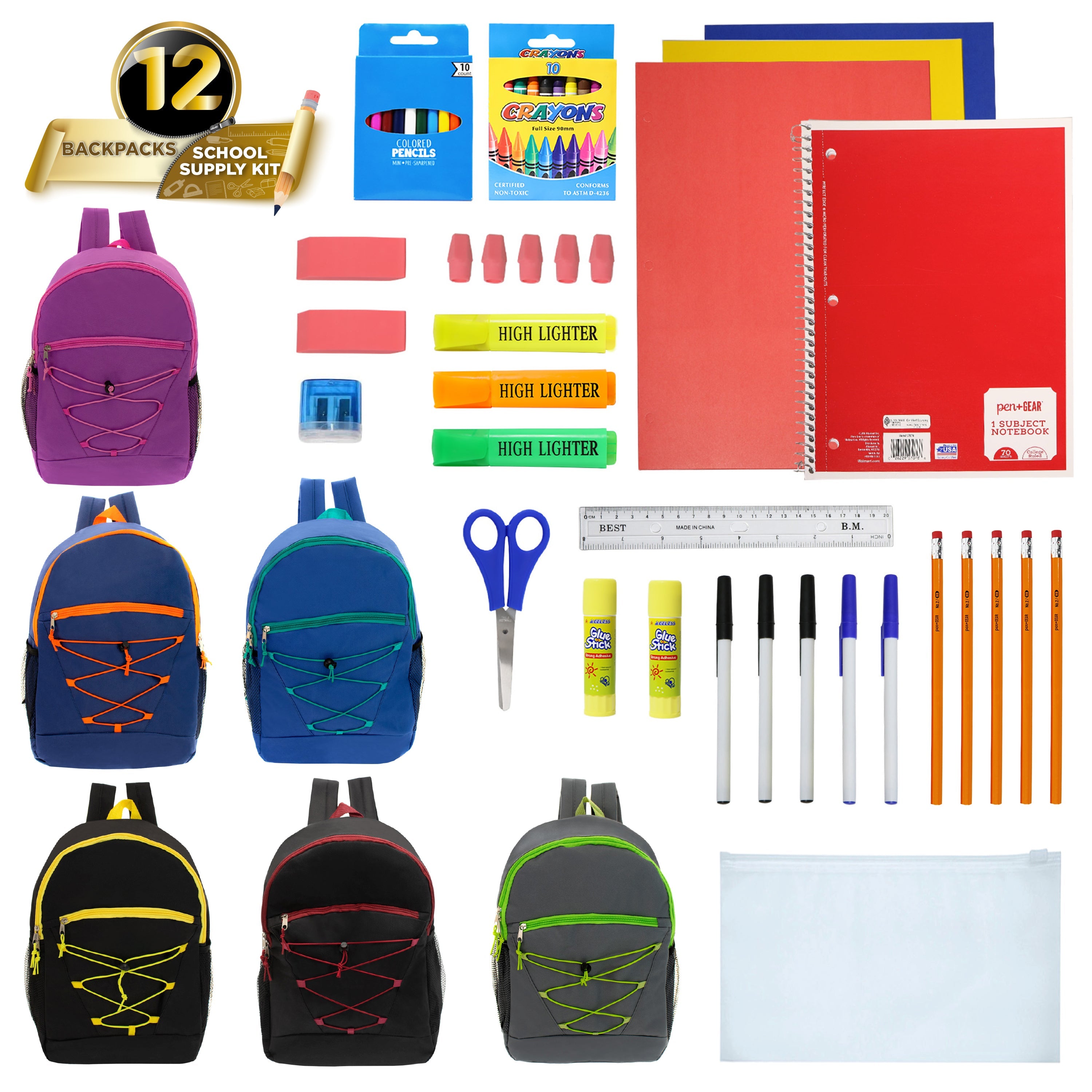 12 Wholesale 17" Bungee Backpacks in 6 Colors & 12 Bulk School Supply Kits of Your Choice