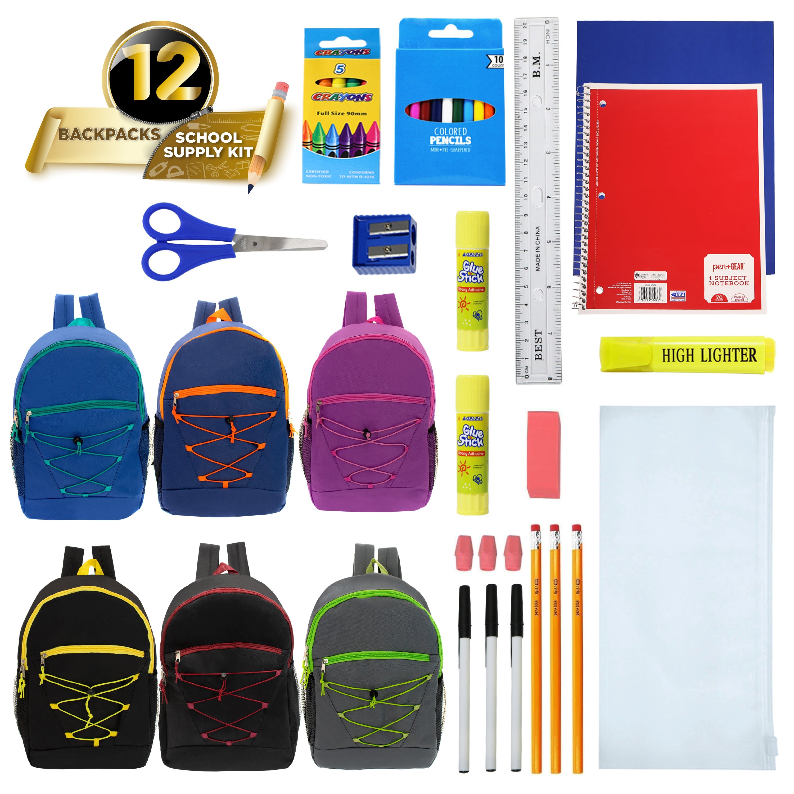 12 Wholesale 17" Bungee Backpacks in 6 Colors & 12 Bulk School Supply Kits of Your Choice