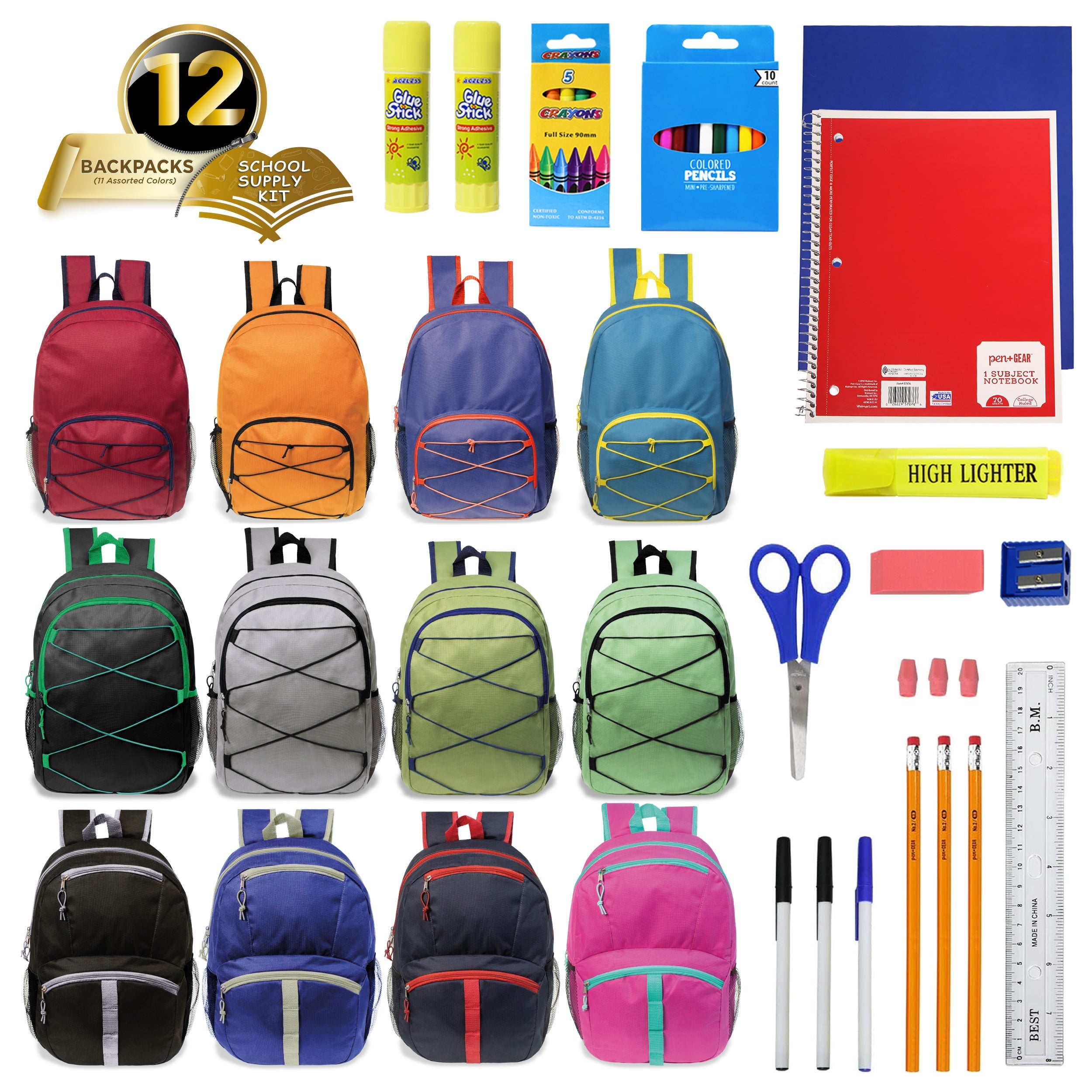 12 Wholesale 17" Bungee Backpacks in Assorted Colors with 12 School Supply Kits of Your Choice