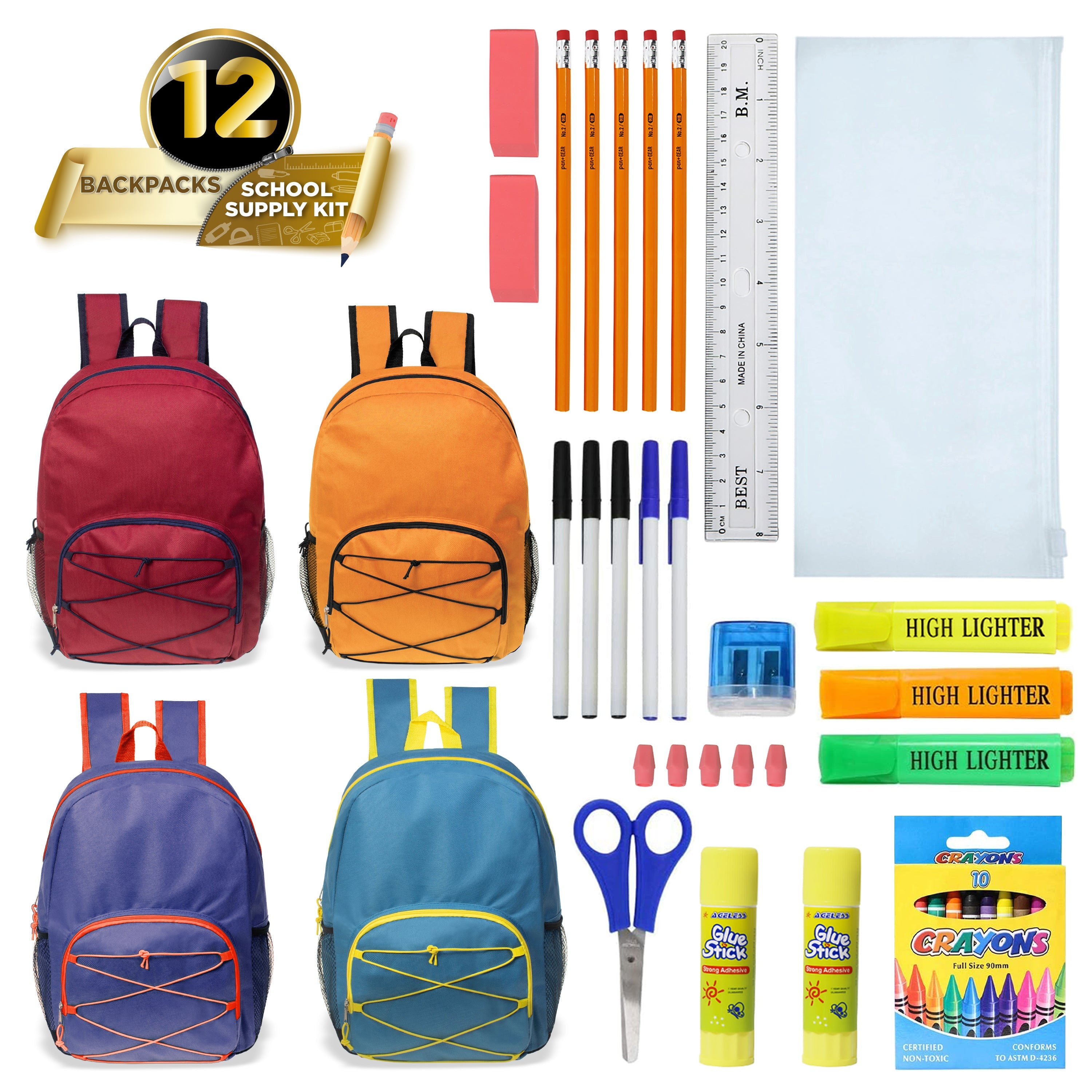 12 Wholesale 17" Bungee Backpacks in Assorted Colors with 12 School Supply Kits of Your Choice