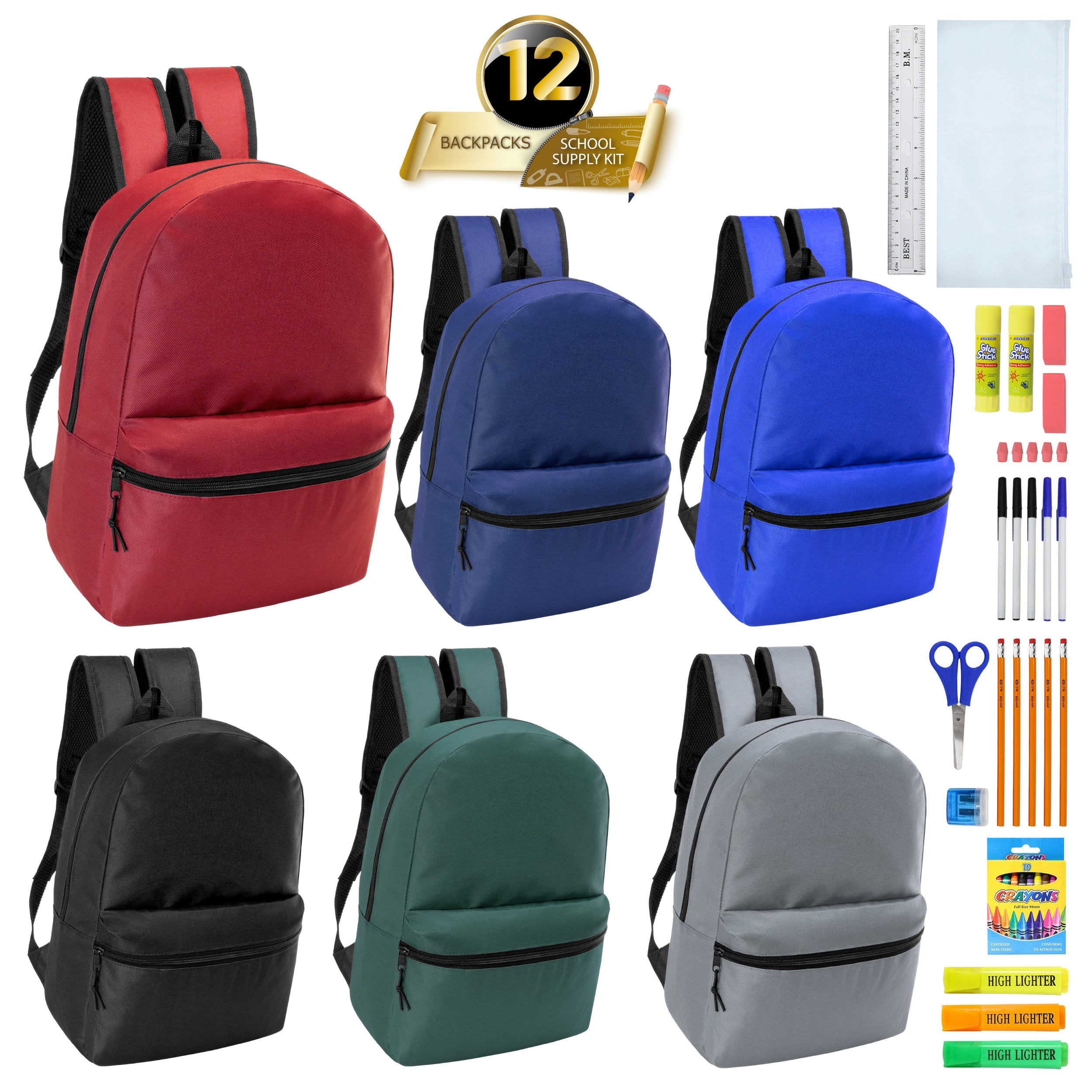 12 Wholesale 18.5" Backpacks in Assorted Colors & 12 Bulk School Supply Kits of Your Choice