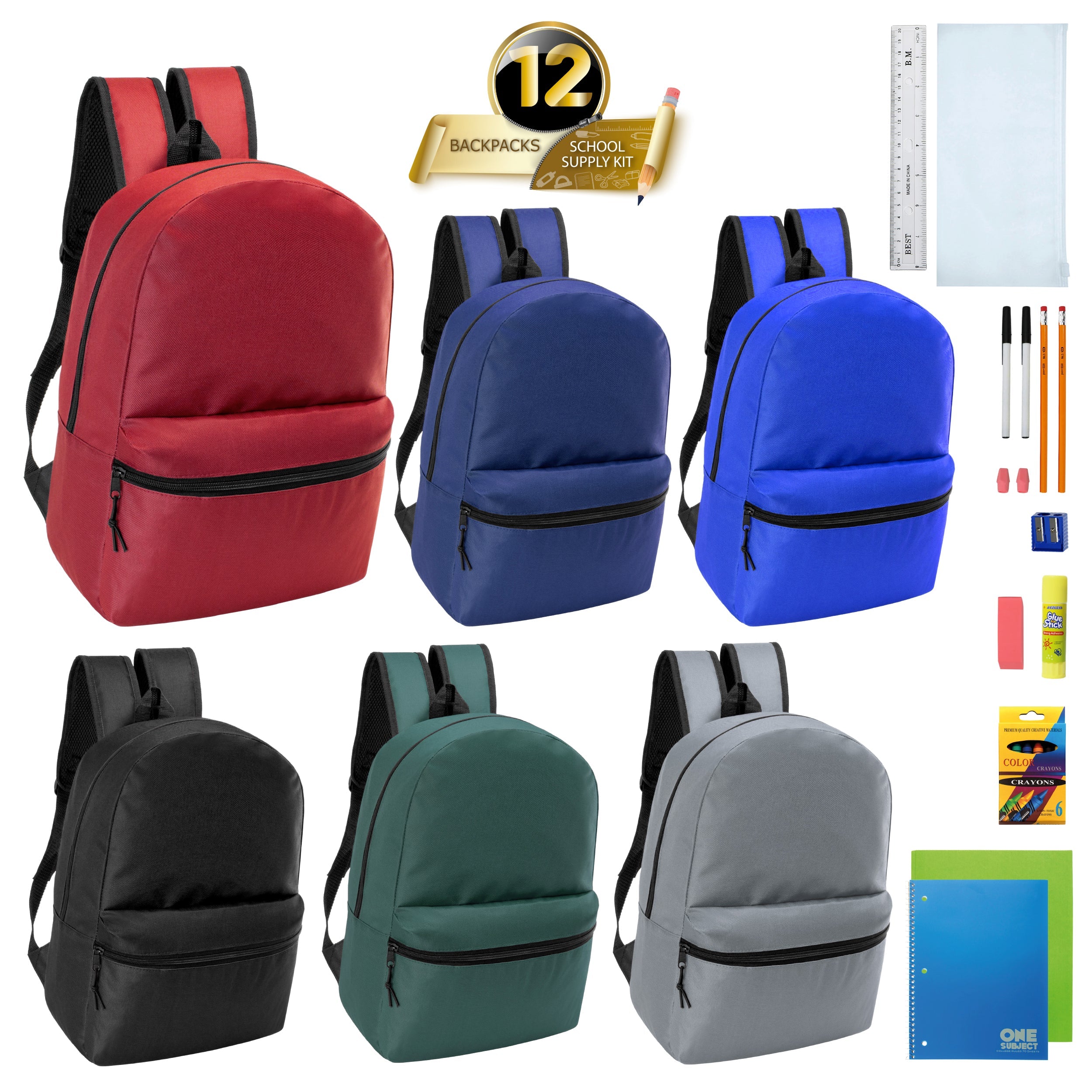 12 Wholesale 18.5" Backpacks in Assorted Colors & 12 Bulk School Supply Kits of Your Choice