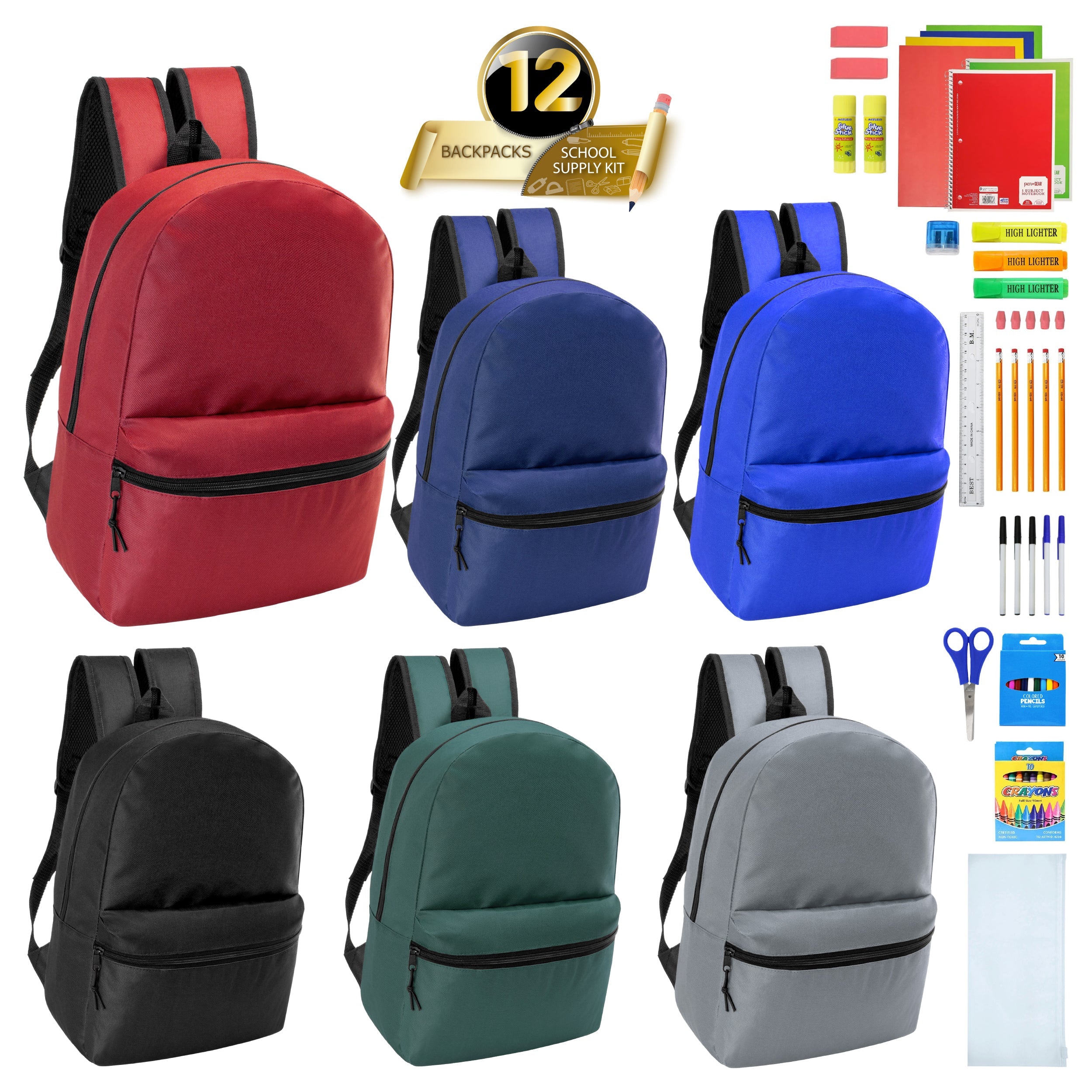 12 Wholesale 18.5" Backpacks in Assorted Colors & 12 Bulk School Supply Kits of Your Choice