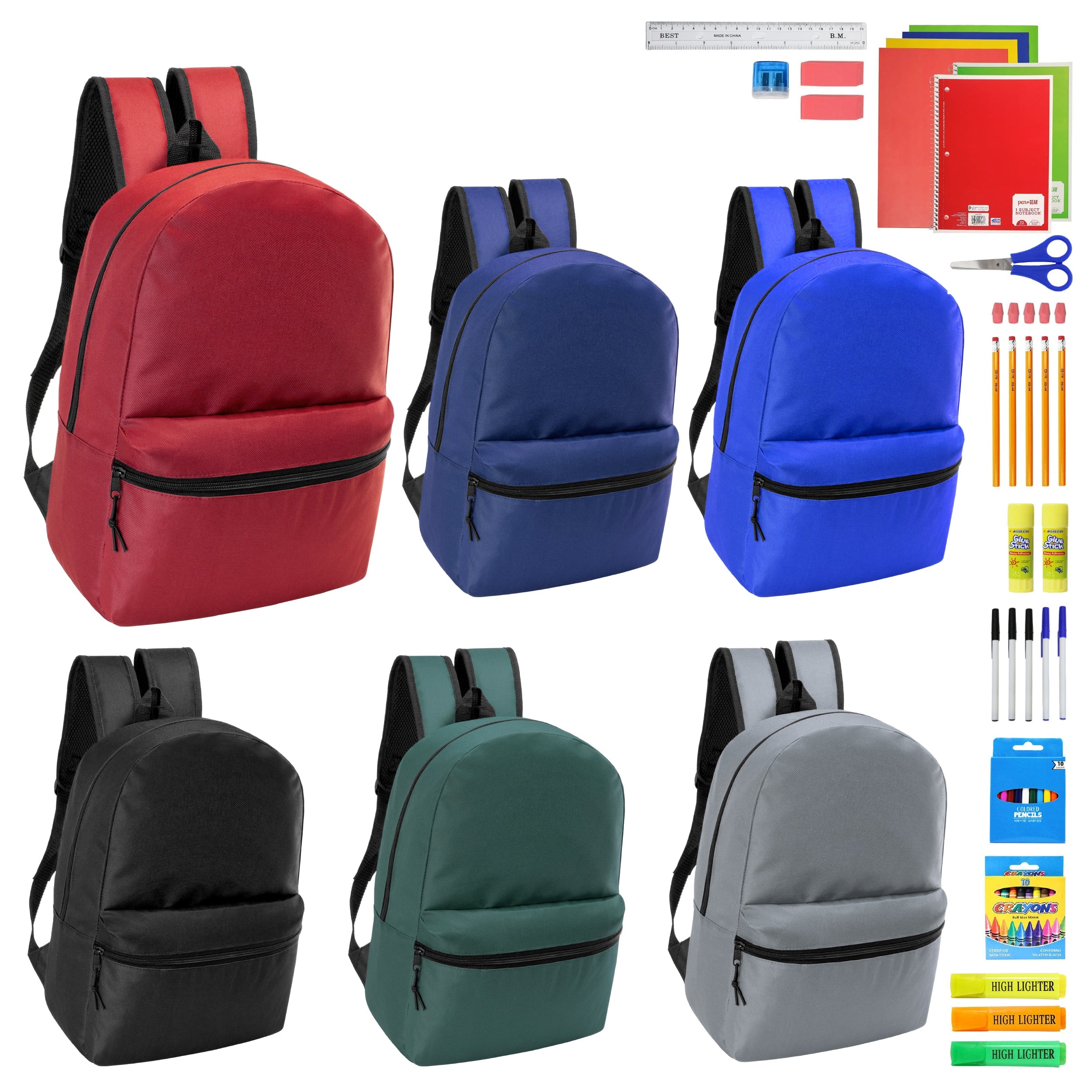 12 Wholesale 18.5" Backpacks in Assorted Colors & 12 Bulk School Supply Kits of Your Choice