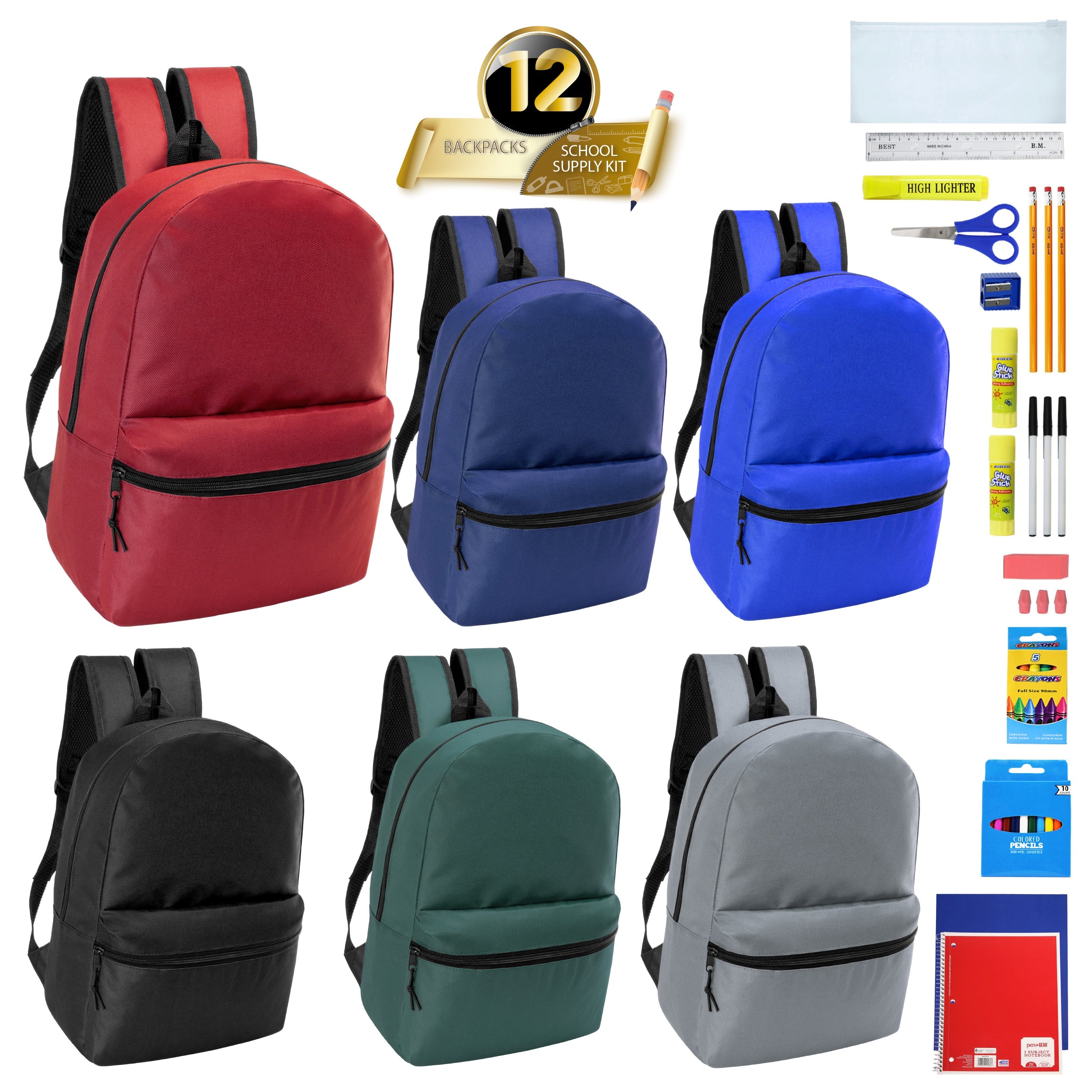 12 Wholesale 18.5" Backpacks in Assorted Colors & 12 Bulk School Supply Kits of Your Choice