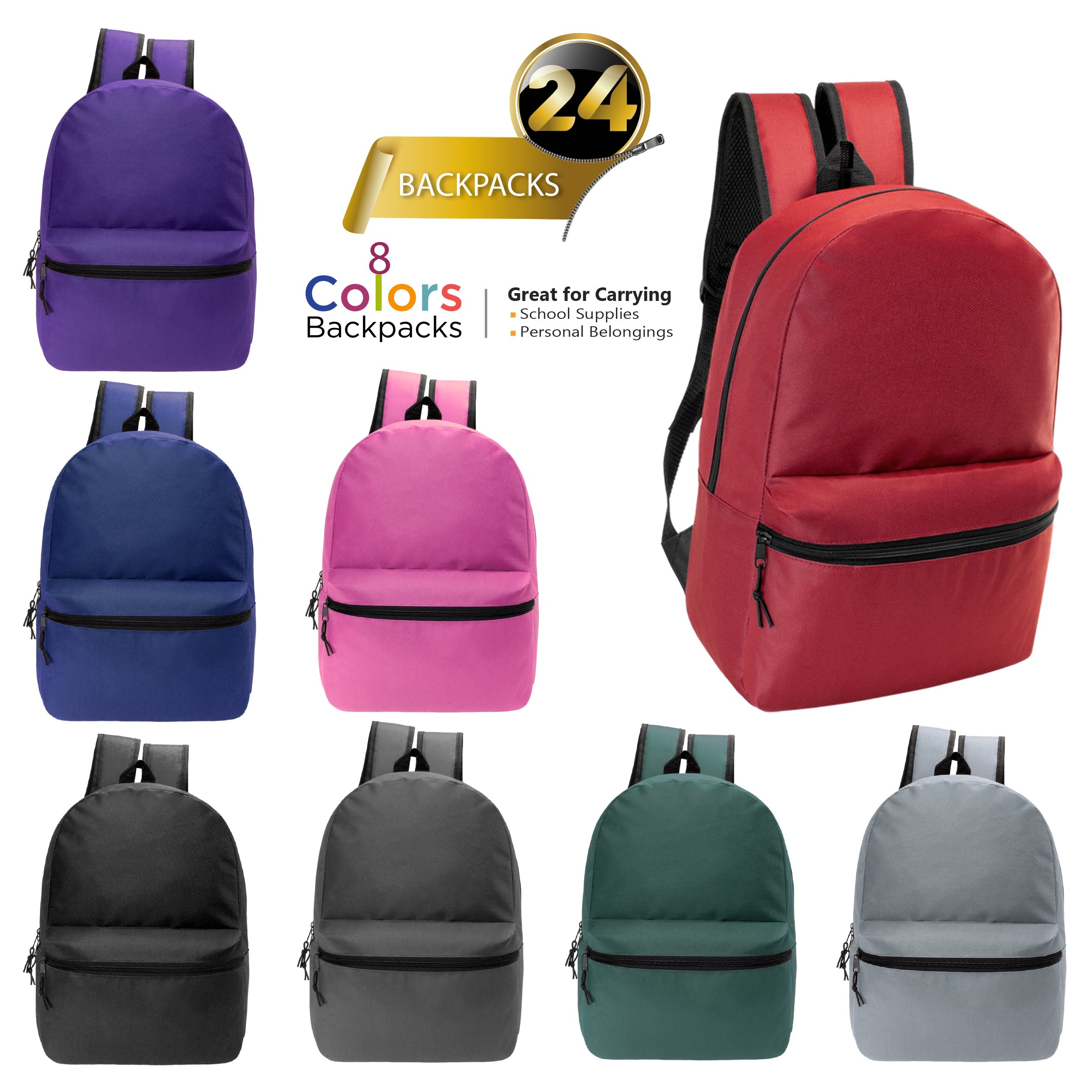 17" Basic Wholesale Backpacks for School in 8 Colors - Bulk Case of 24 Bookbags