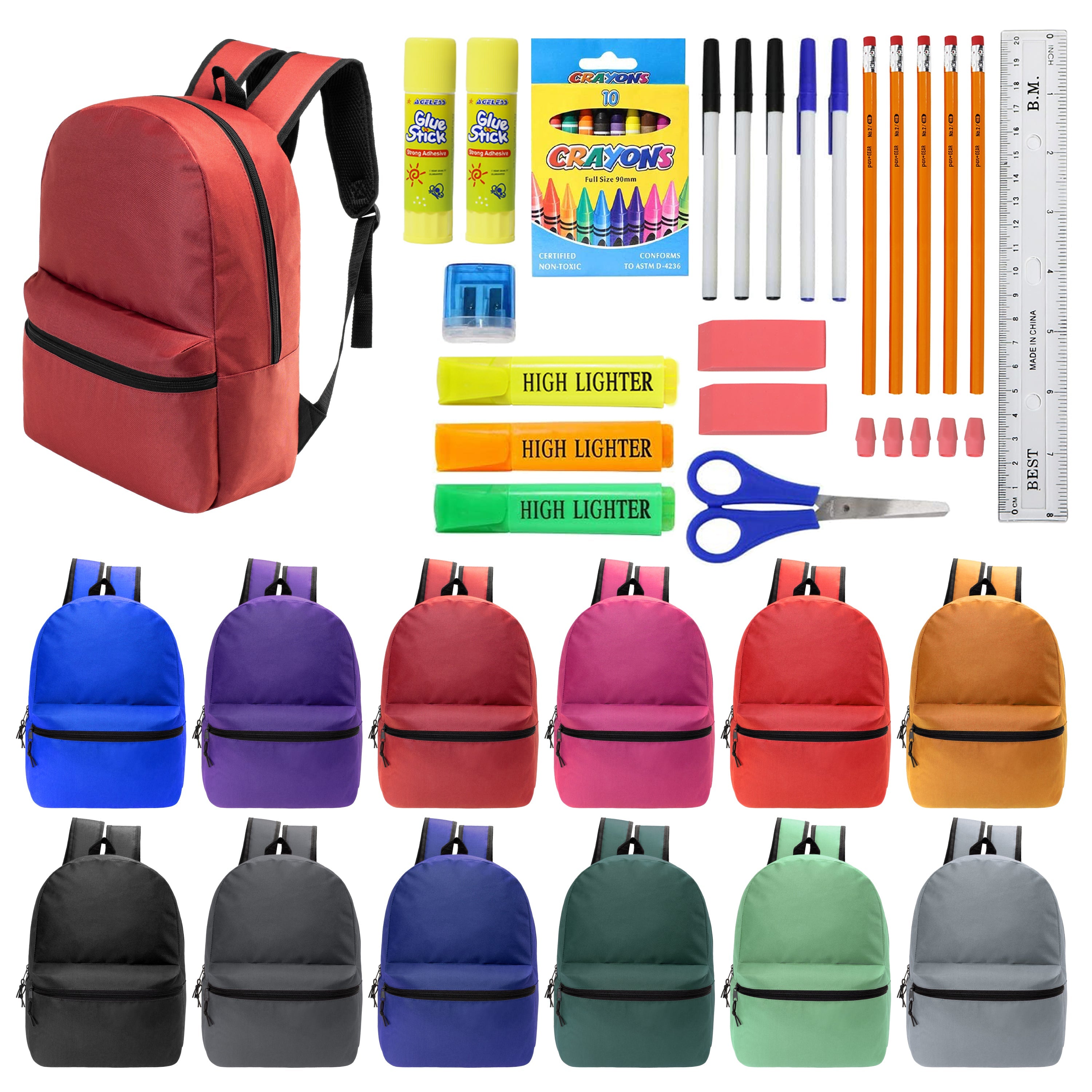 12 Wholesale 17" Basic Backpacks in 12 Assorted Colors & 12 Bulk School Supply Kits of Your Choice