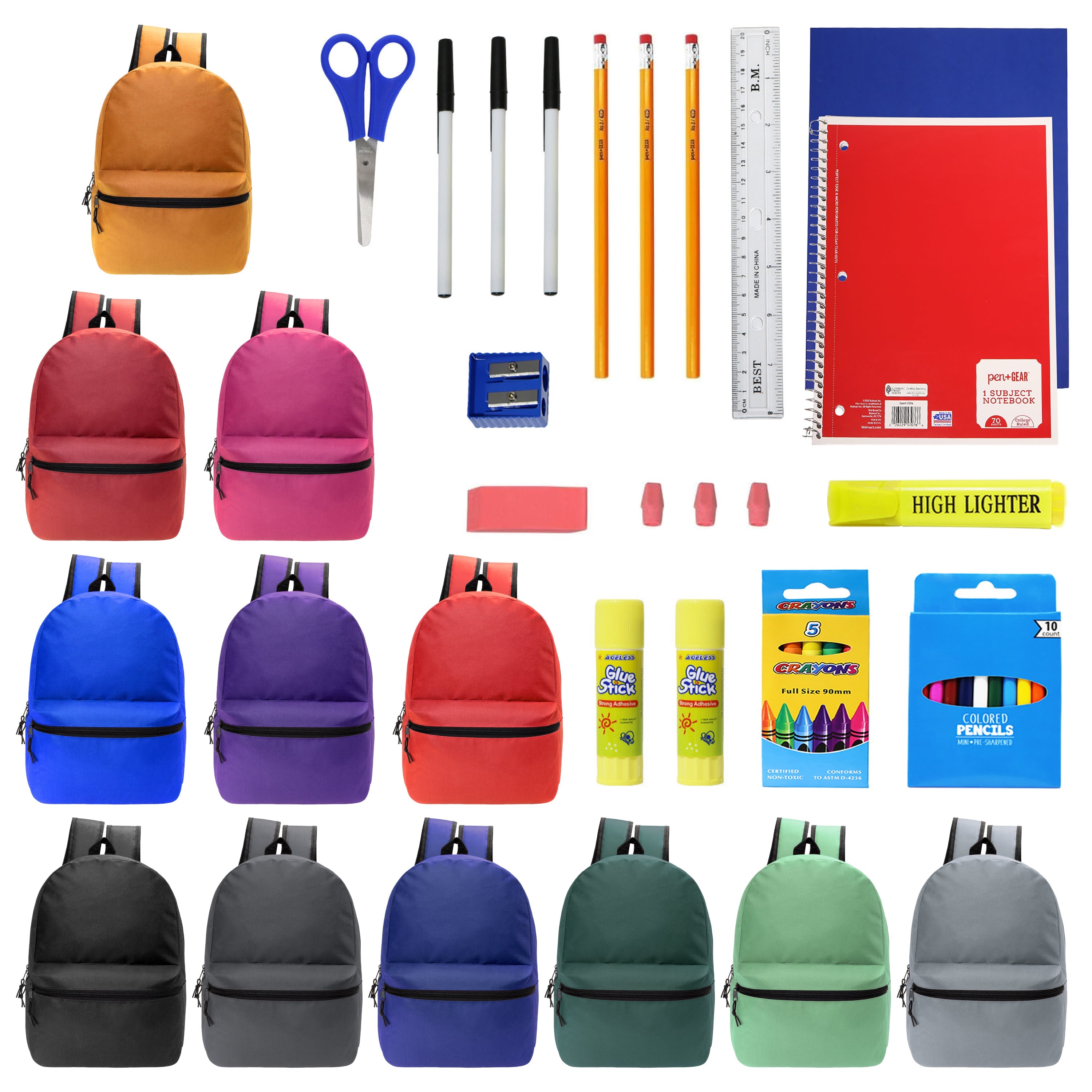 12 Wholesale 17" Basic Backpacks in 12 Assorted Colors & 12 Bulk School Supply Kits of Your Choice