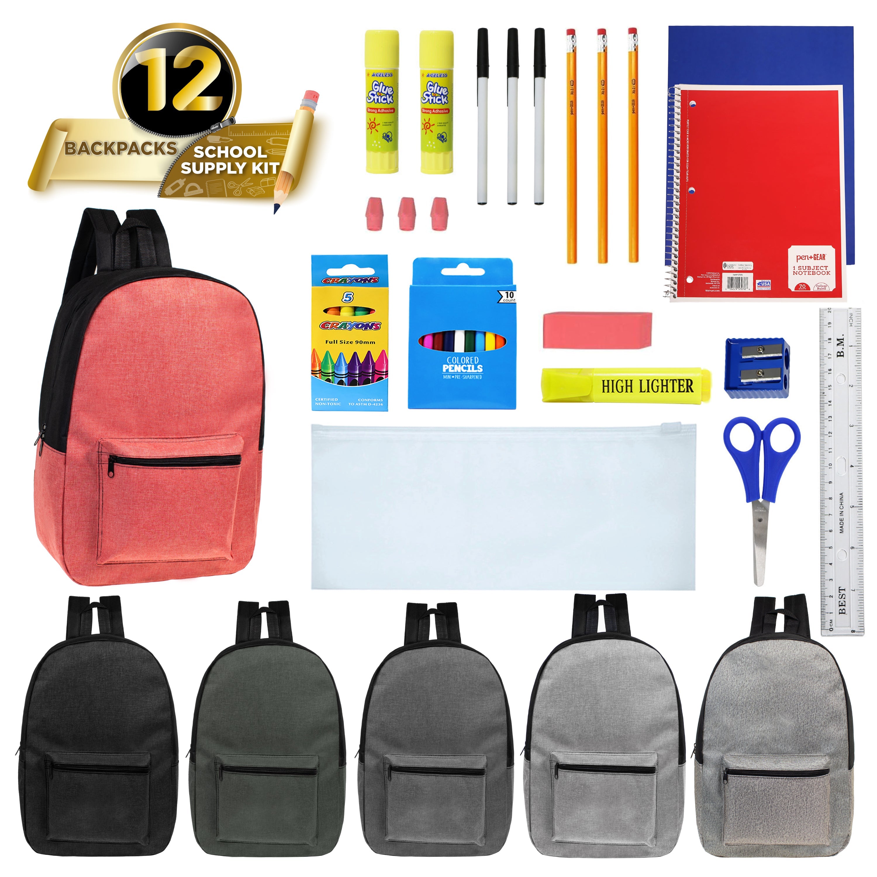 12 Wholesale 17" Backpacks in 6 Colors w/Black Trim and 12 Bulk School Supply Kits of Your Choice