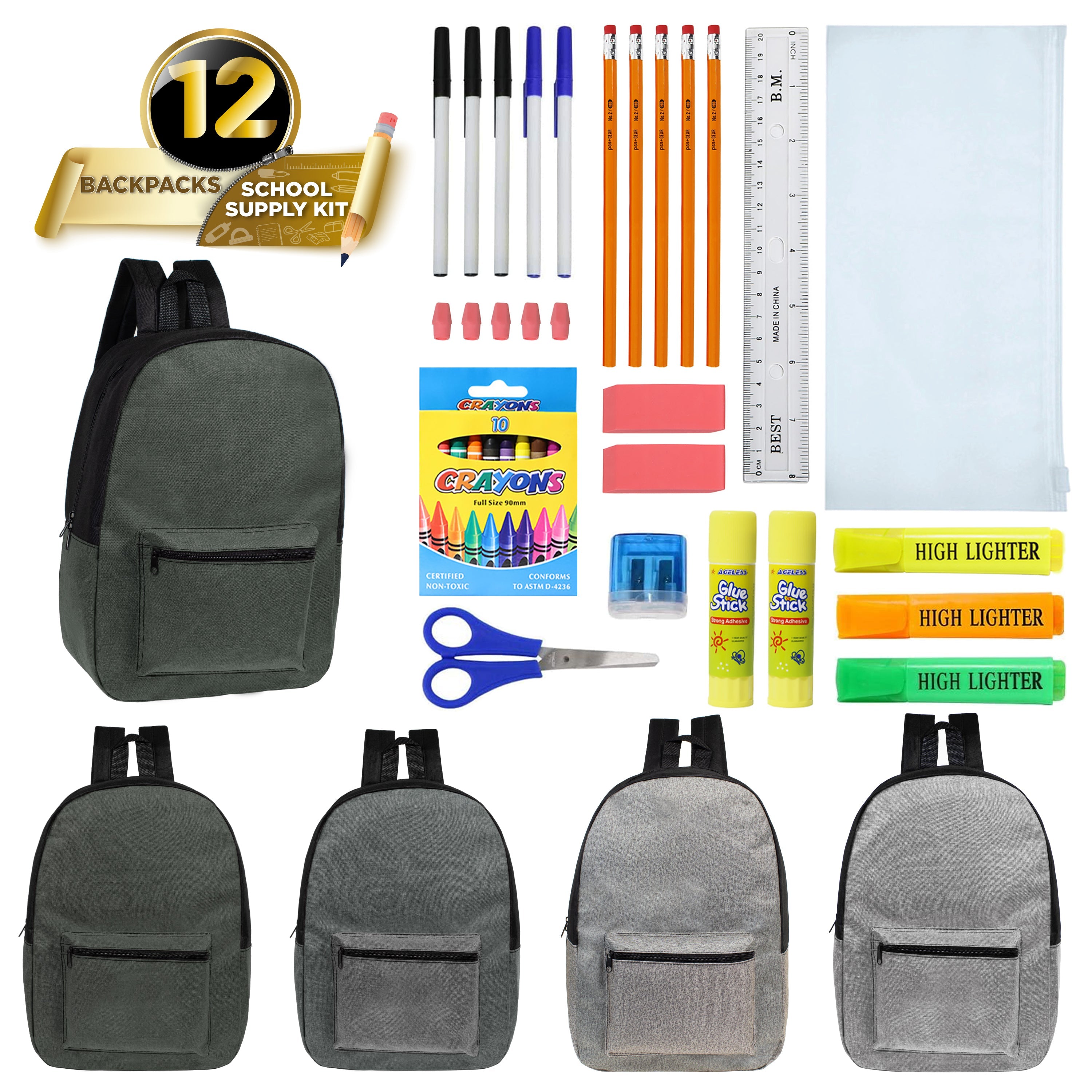 12 Wholesale 17" Backpacks in Gray Colors & 12 Bulk School Supply Kits