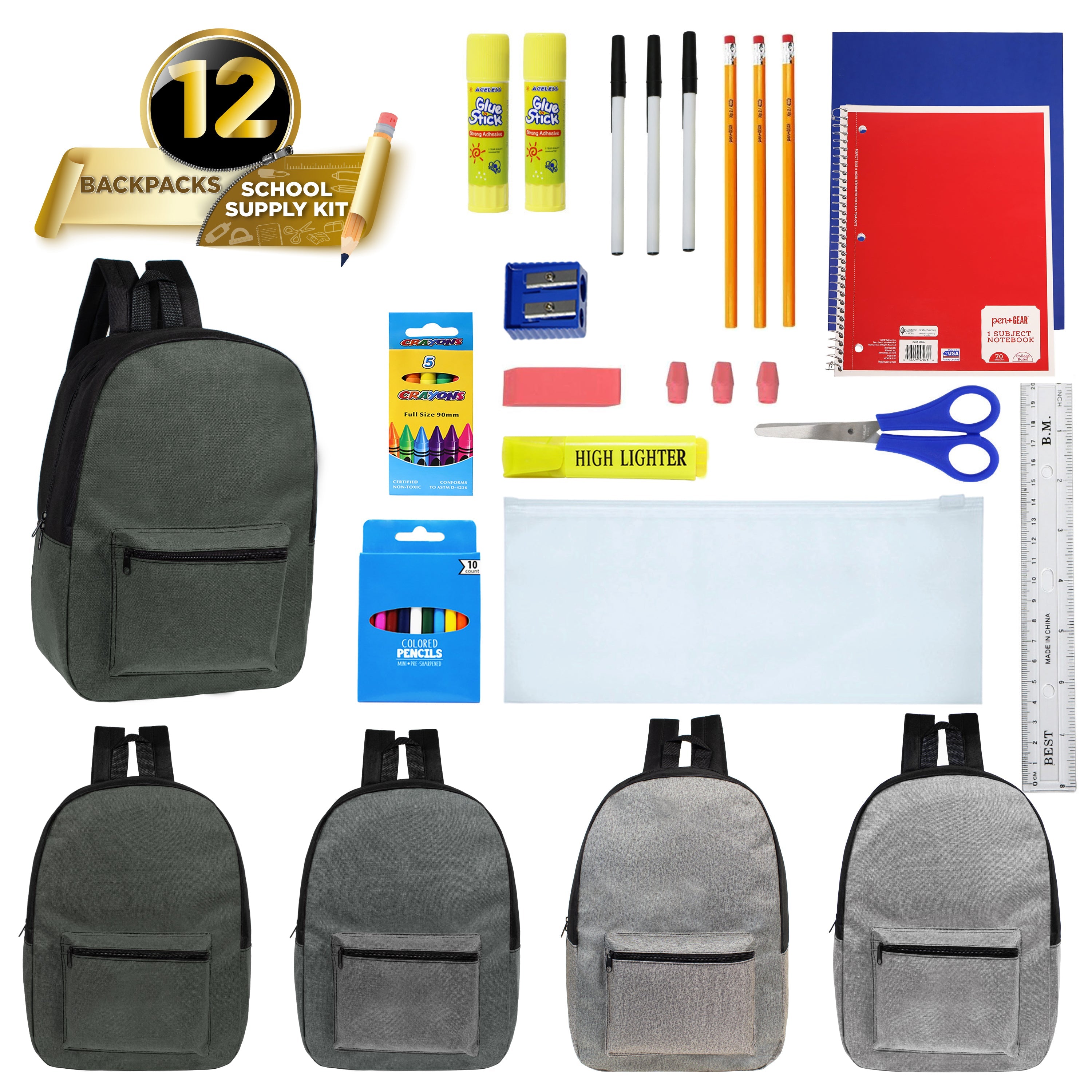 12 Wholesale 17" Backpacks in Gray Colors & 12 Bulk School Supply Kits