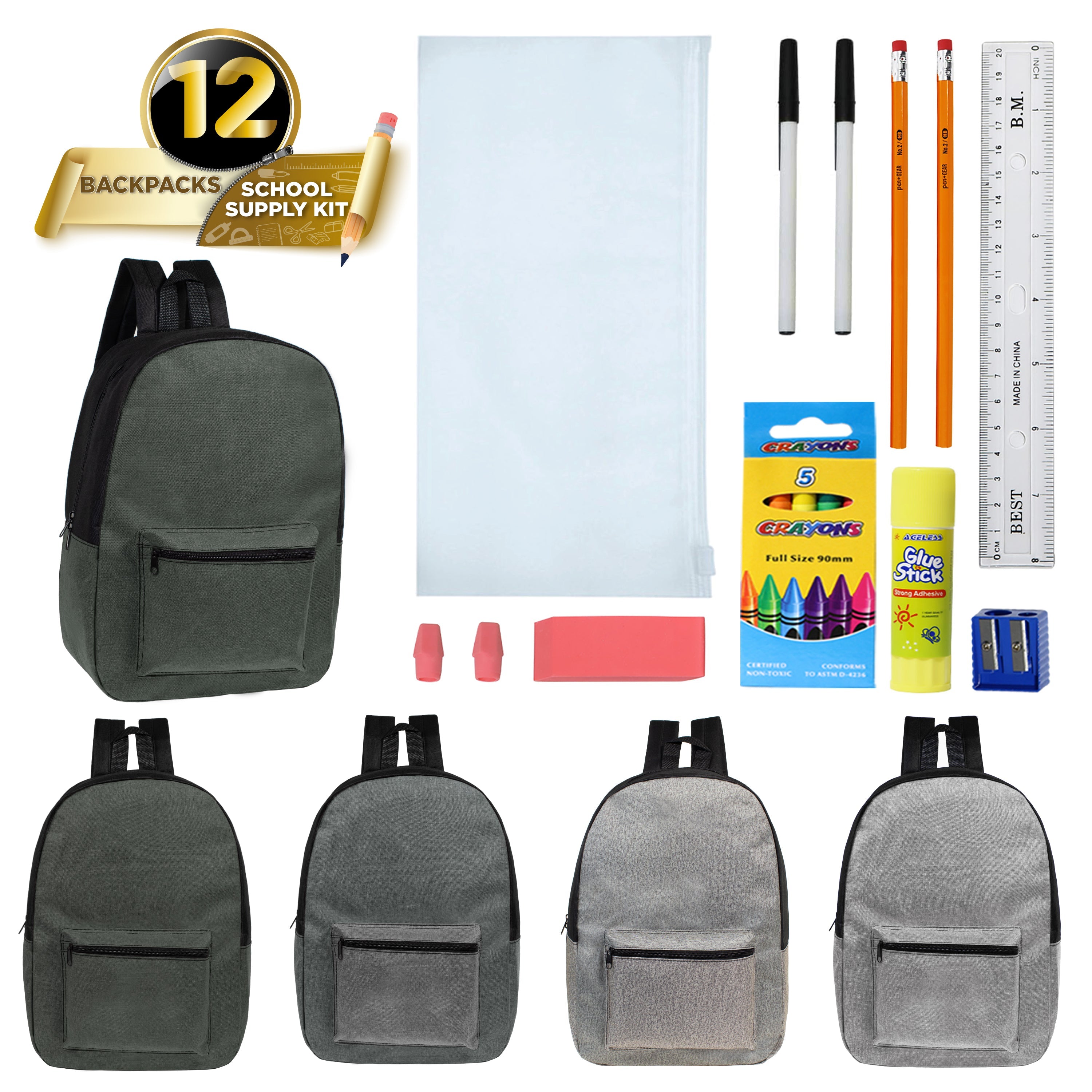 12 Wholesale 17" Backpacks in Gray Colors & 12 Bulk School Supply Kits