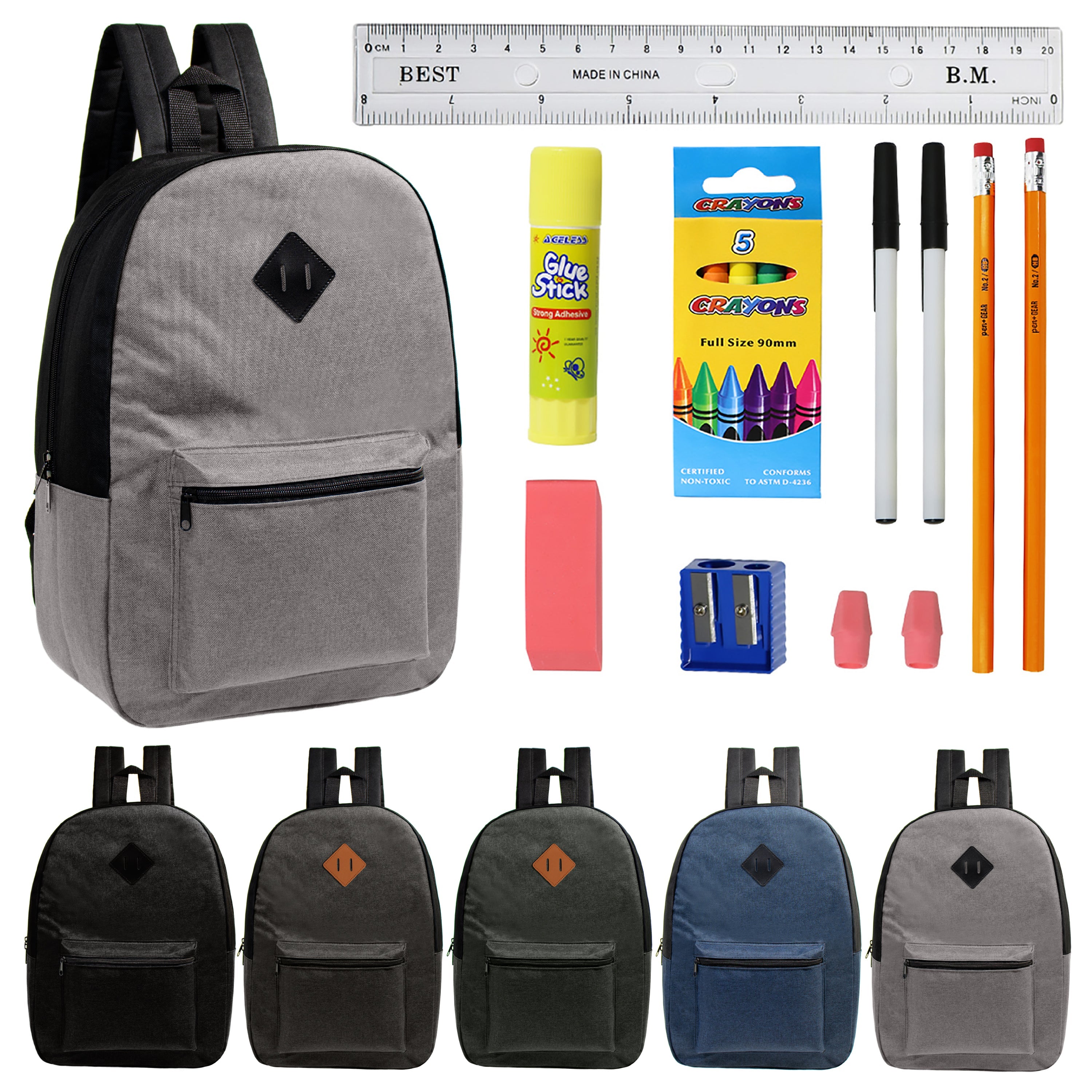 12 Wholesale 17" Diamond Patch Backpacks and 12 Bulk School Supply Kits of Your Choice