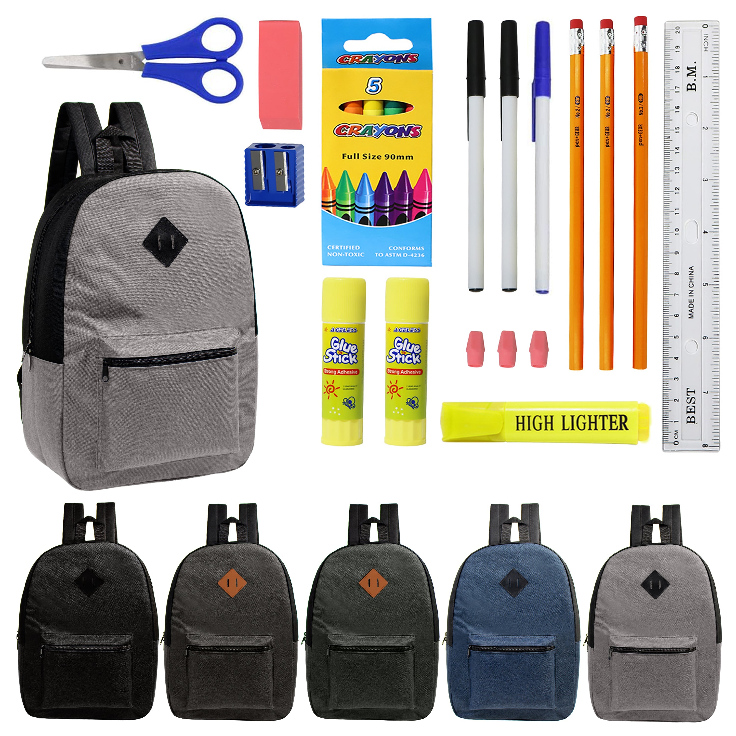 12 Wholesale 17" Diamond Patch Backpacks and 12 Bulk School Supply Kits of Your Choice