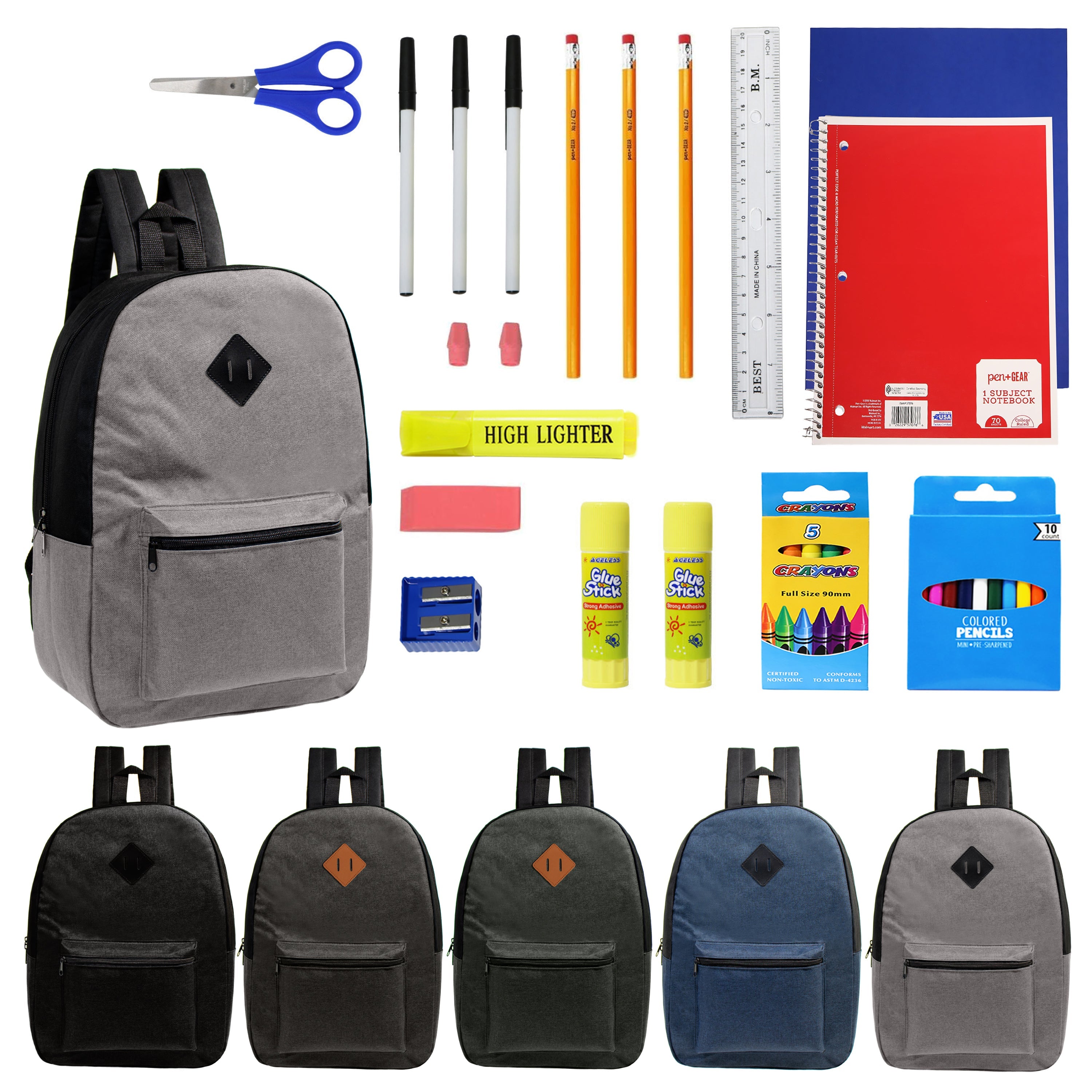 12 Wholesale 17" Diamond Patch Backpacks and 12 Bulk School Supply Kits of Your Choice