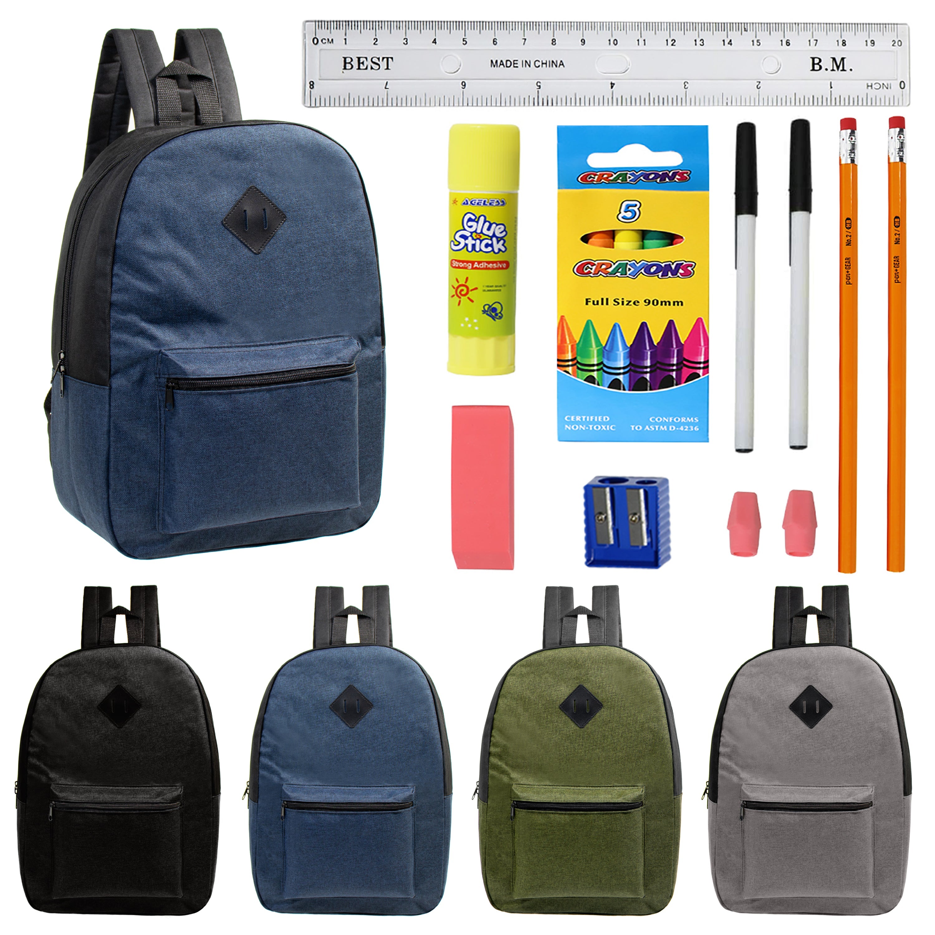 12 Bulk 17" Backpacks Diamond Patch in Assorted Dark Colors & 12 Wholesale School Supplies Kits