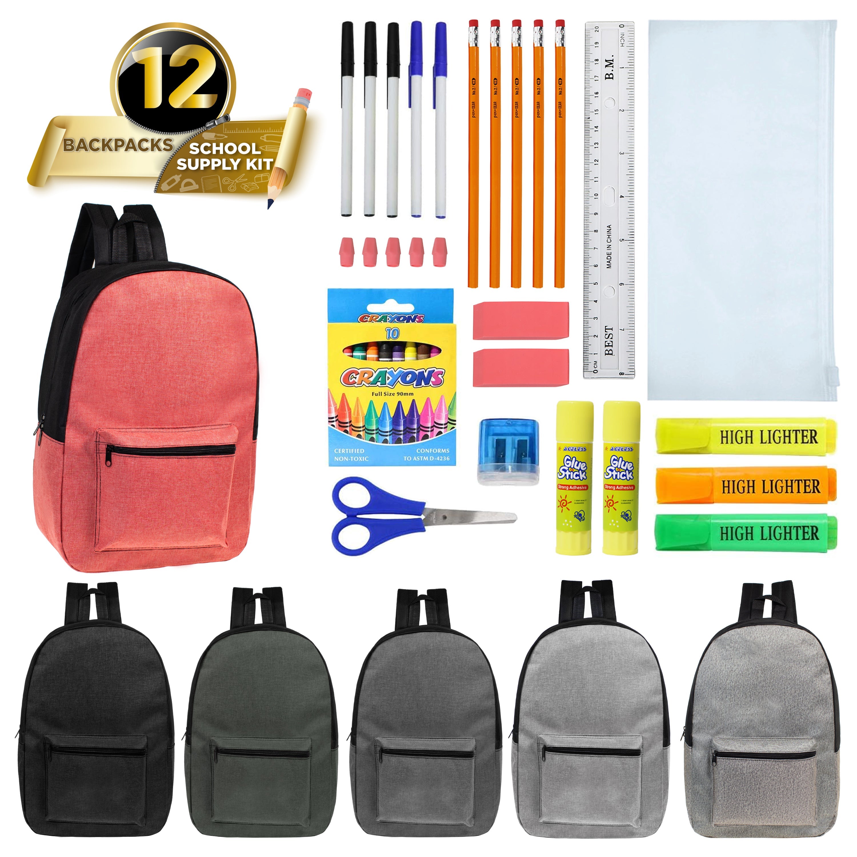 12 Wholesale 17" Backpacks in 6 Colors w/Black Trim and 12 Bulk School Supply Kits of Your Choice