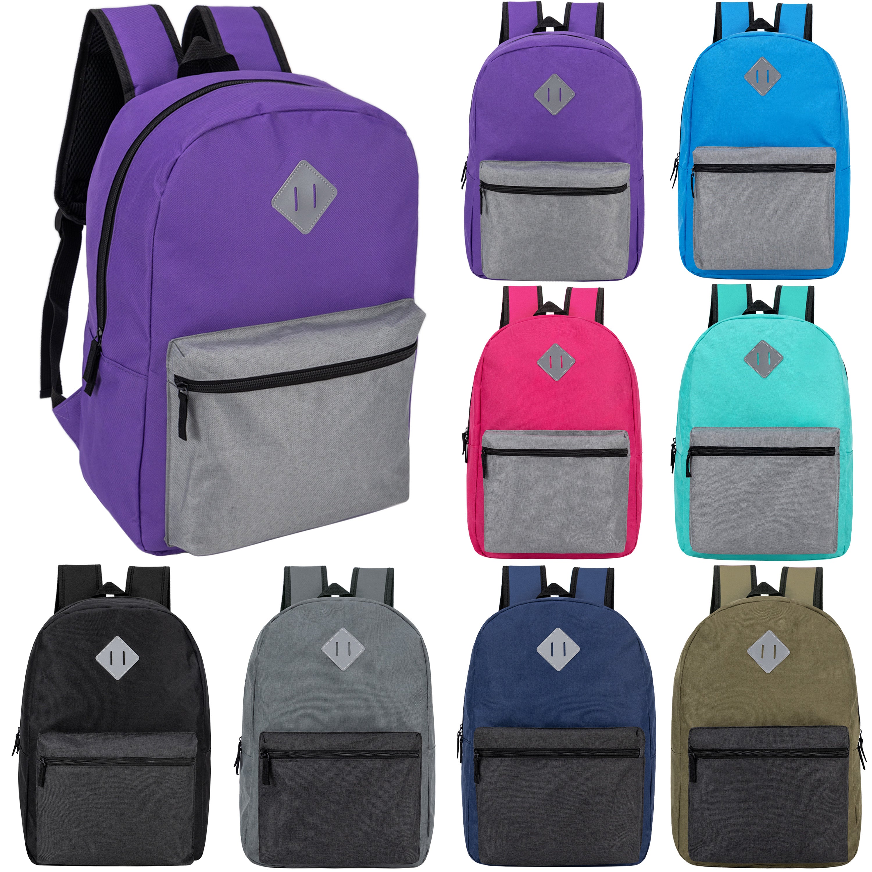 12 Bulk 17" Multi-Color Diamond Patch Backpacks & Your Choice of 12 Winter Item Sets - Wholesale Care Package: Homeless, Emergency, Charity