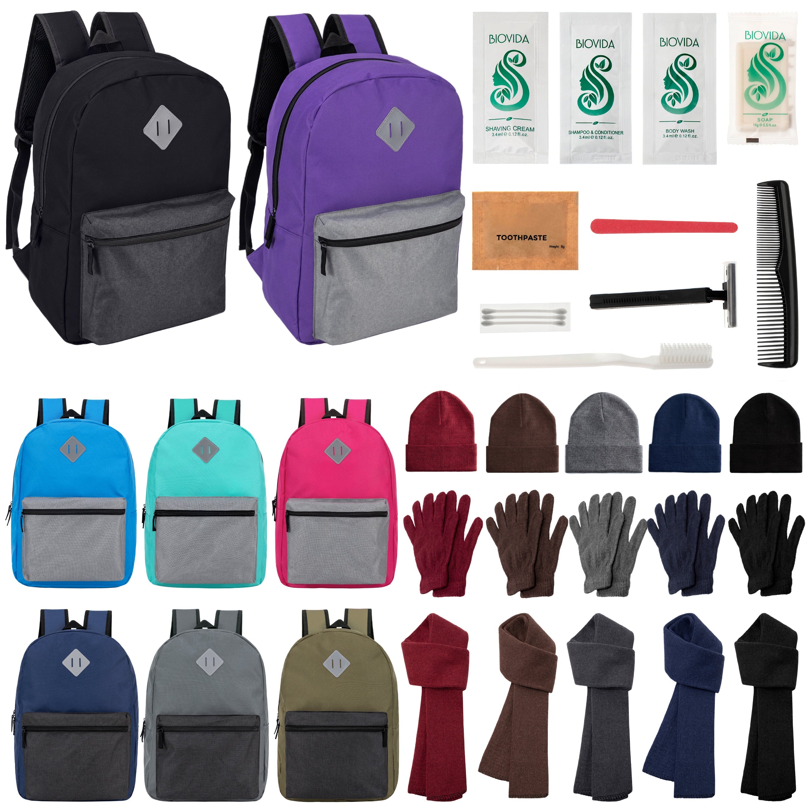 12 Multi Color Diamond Patch 17" Backpacks, 12 Winter Item Sets & Your Choice of 12 Bulk Hygiene Kits - Wholesale Homeless Care Package