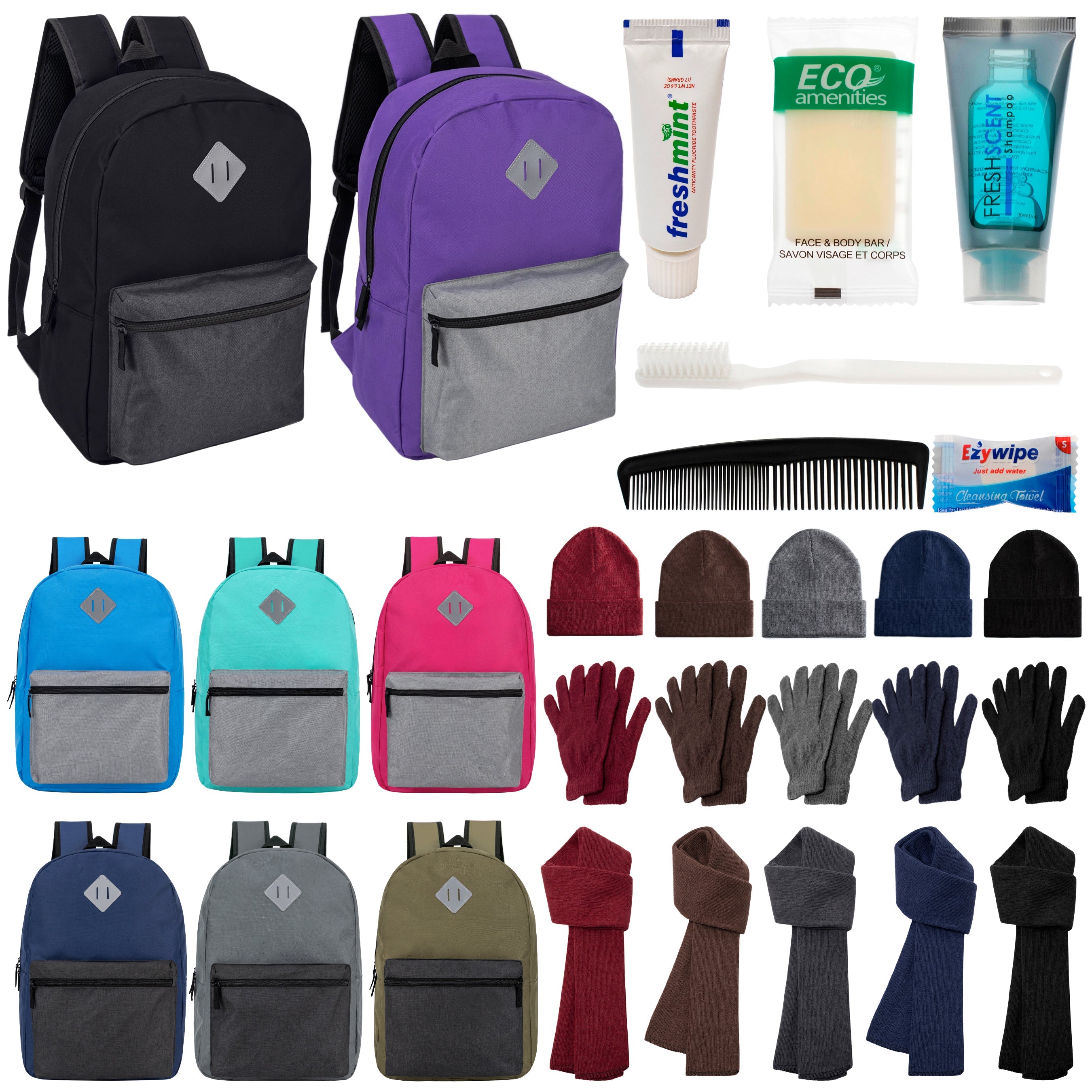 12 Multi Color Diamond Patch 17" Backpacks, 12 Winter Item Sets & Your Choice of 12 Bulk Hygiene Kits - Wholesale Homeless Care Package