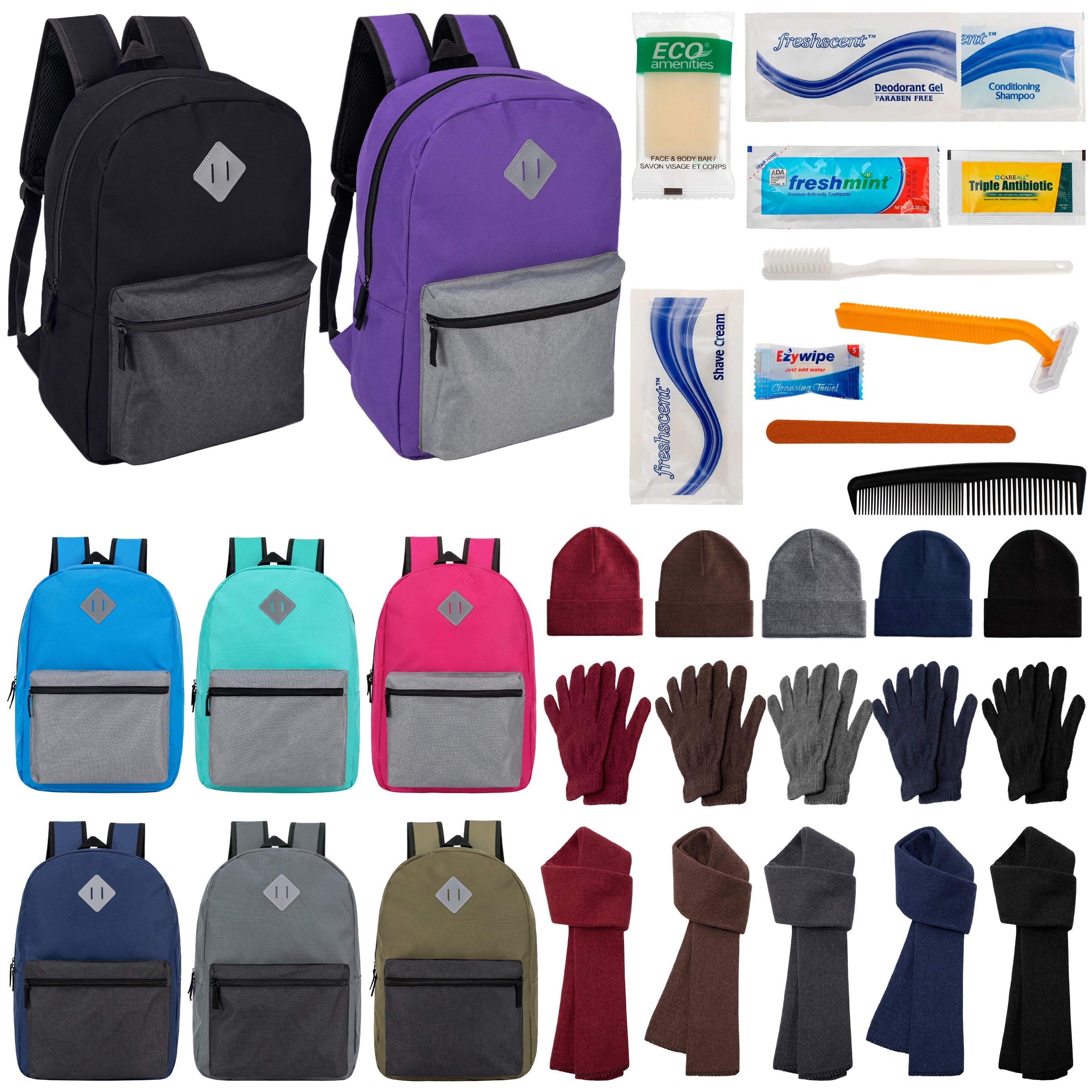 12 Multi Color Diamond Patch 17" Backpacks, 12 Winter Item Sets & Your Choice of 12 Bulk Hygiene Kits - Wholesale Homeless Care Package