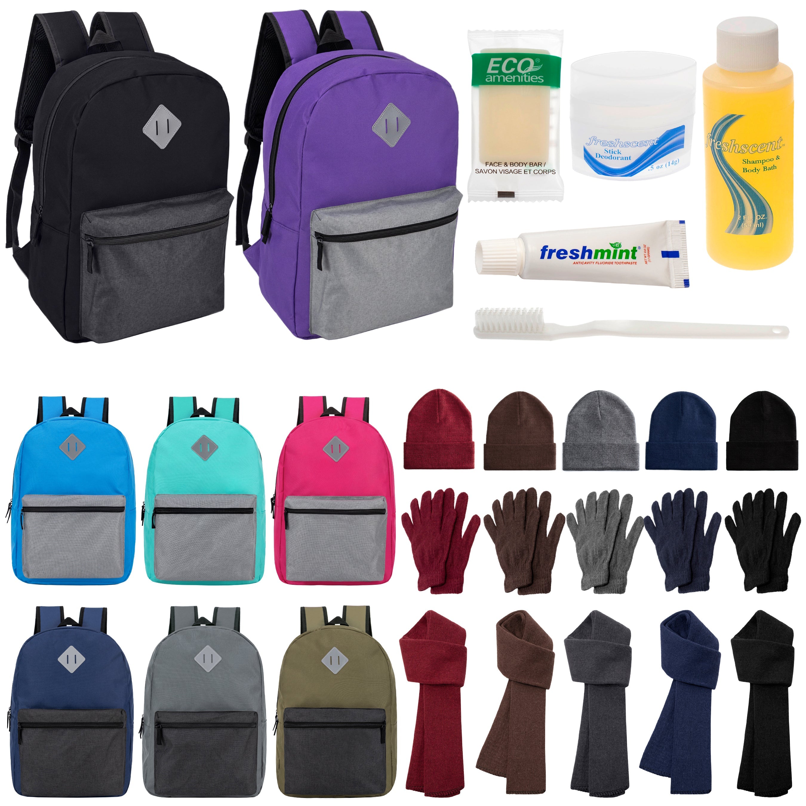 12 Multi Color Diamond Patch 17" Backpacks, 12 Winter Item Sets & Your Choice of 12 Bulk Hygiene Kits - Wholesale Homeless Care Package