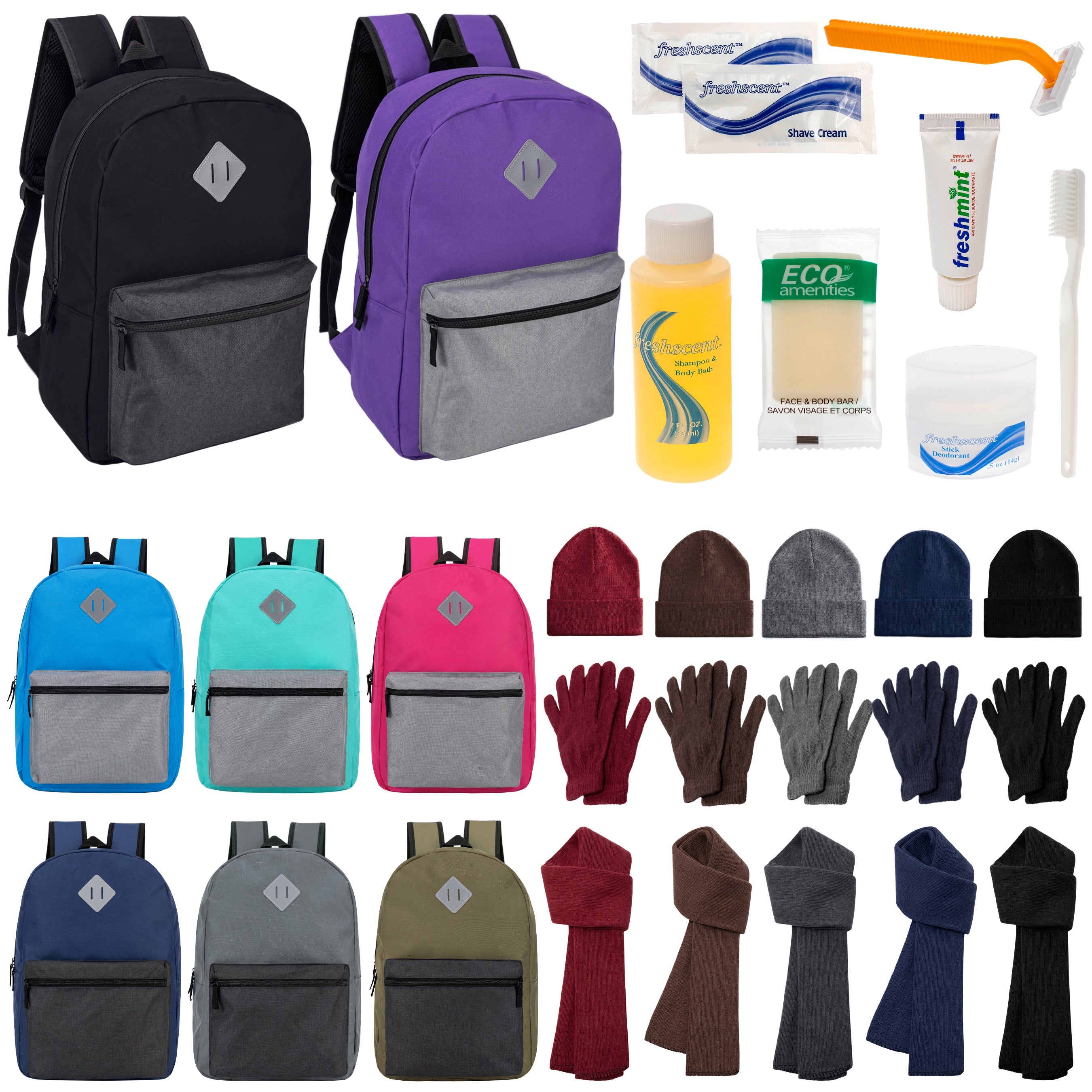 12 Multi Color Diamond Patch 17" Backpacks, 12 Winter Item Sets & Your Choice of 12 Bulk Hygiene Kits - Wholesale Homeless Care Package