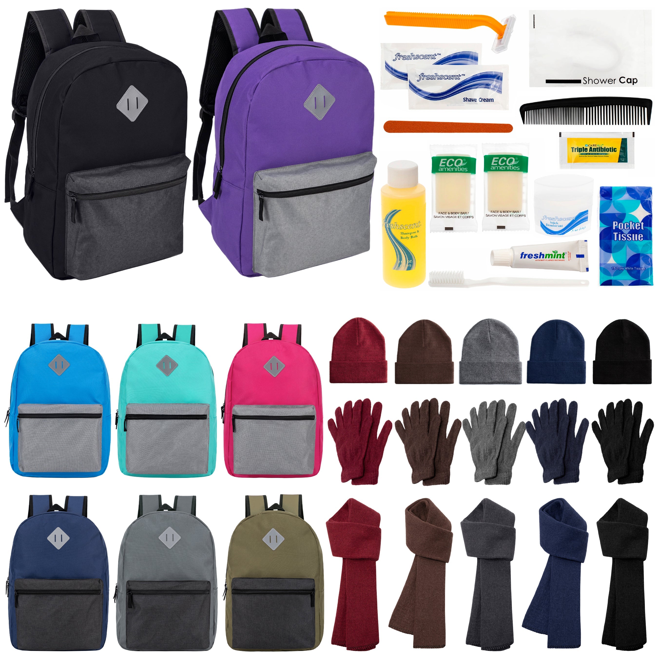 12 Multi Color Diamond Patch 17" Backpacks, 12 Winter Item Sets & Your Choice of 12 Bulk Hygiene Kits - Wholesale Homeless Care Package