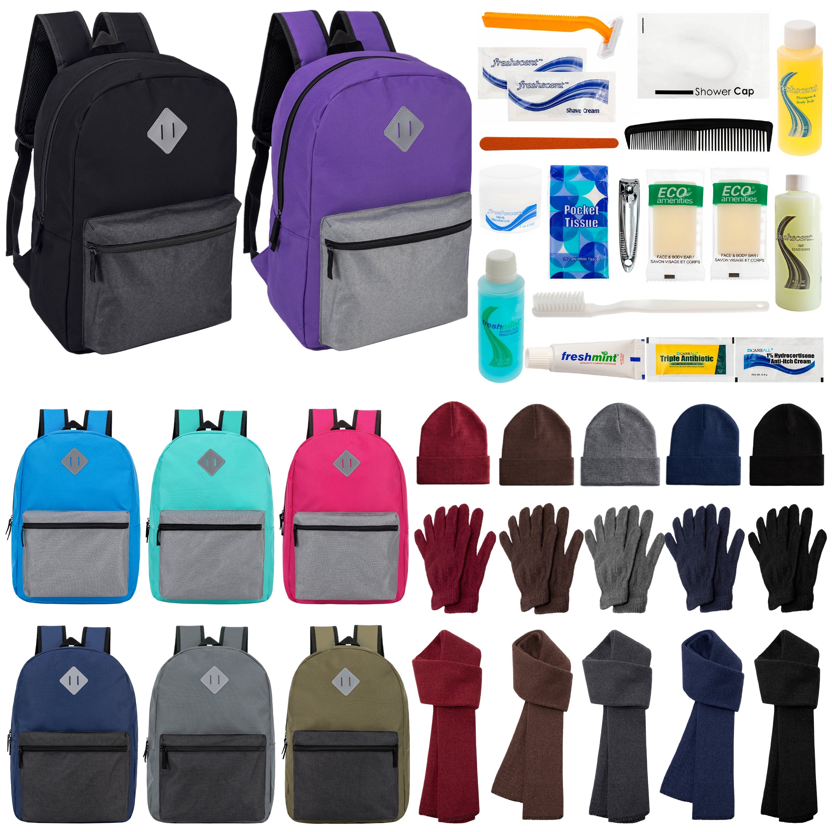 12 Multi Color Diamond Patch 17" Backpacks, 12 Winter Item Sets & Your Choice of 12 Bulk Hygiene Kits - Wholesale Homeless Care Package