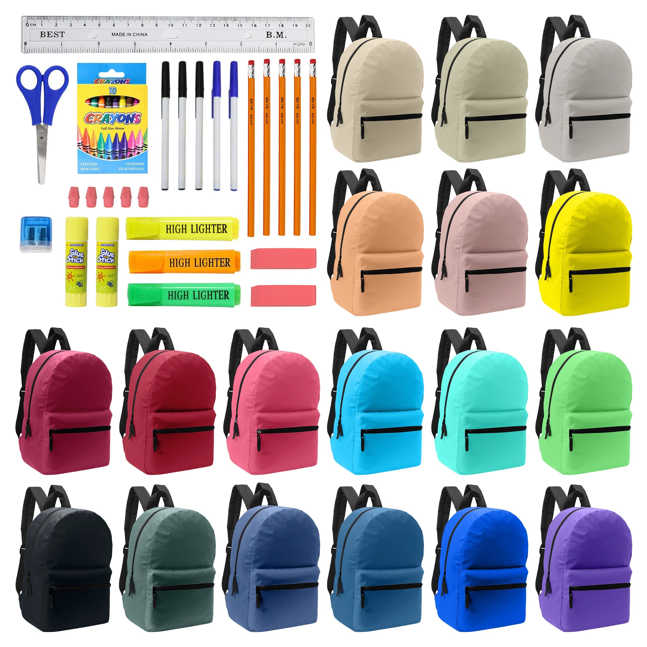 12 Wholesale Random Color 17" Backpacks and 12 Bulk School Supply Kits of Your Choice