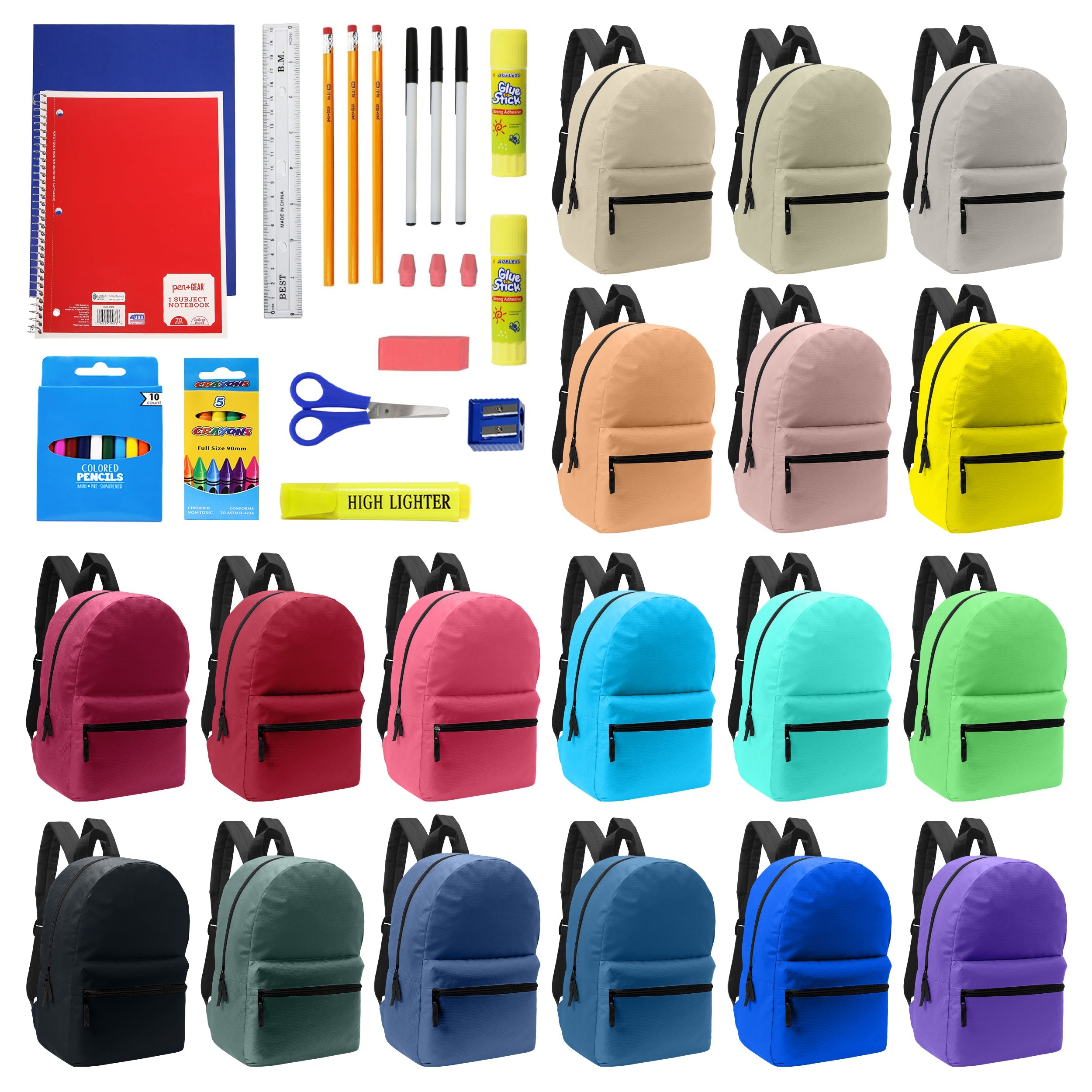 12 Wholesale Random Color 17" Backpacks and 12 Bulk School Supply Kits of Your Choice
