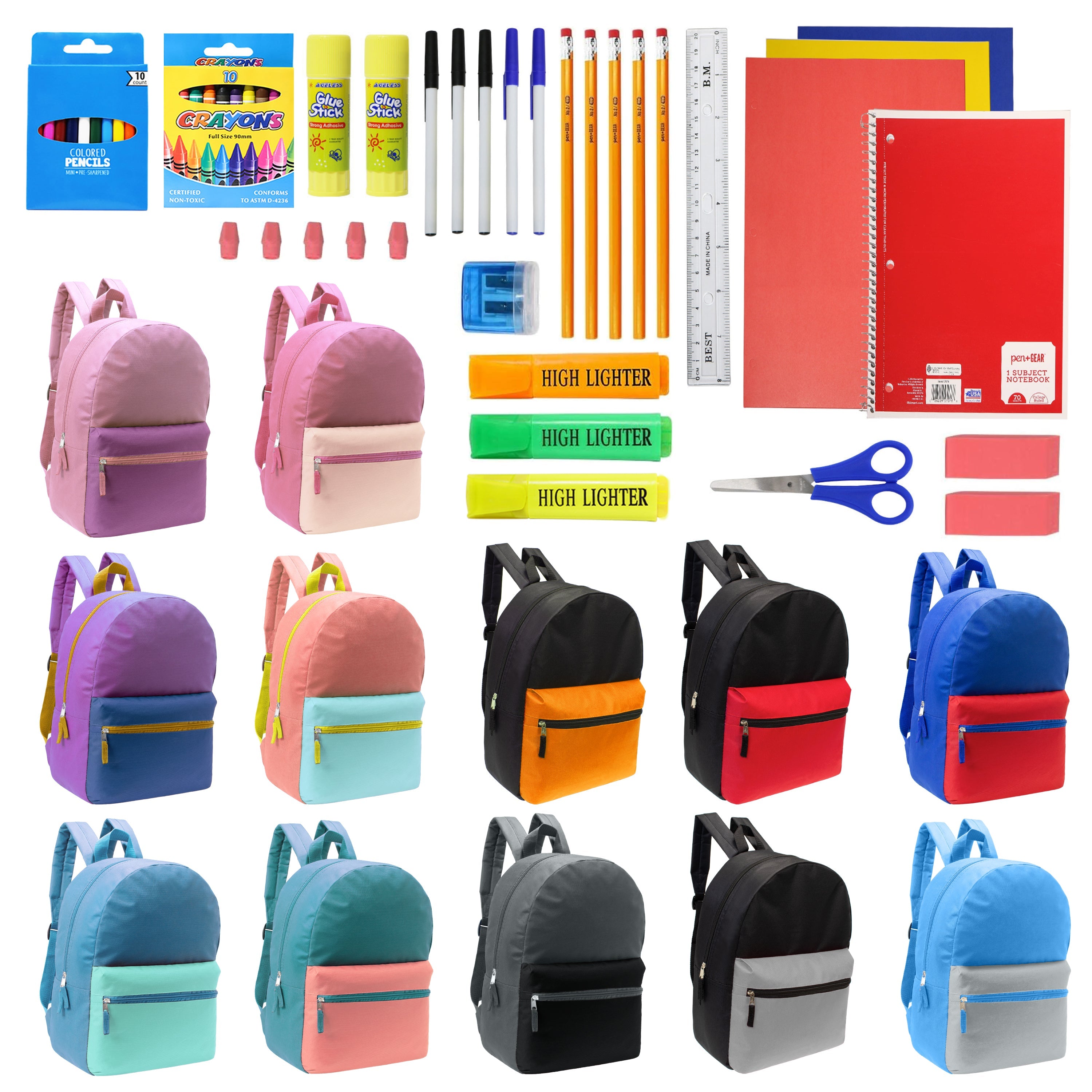 12 Wholesale Multi Color Student Backpacks in Assorted Colors and 12 Bulk School Supply Kits of Your Choice