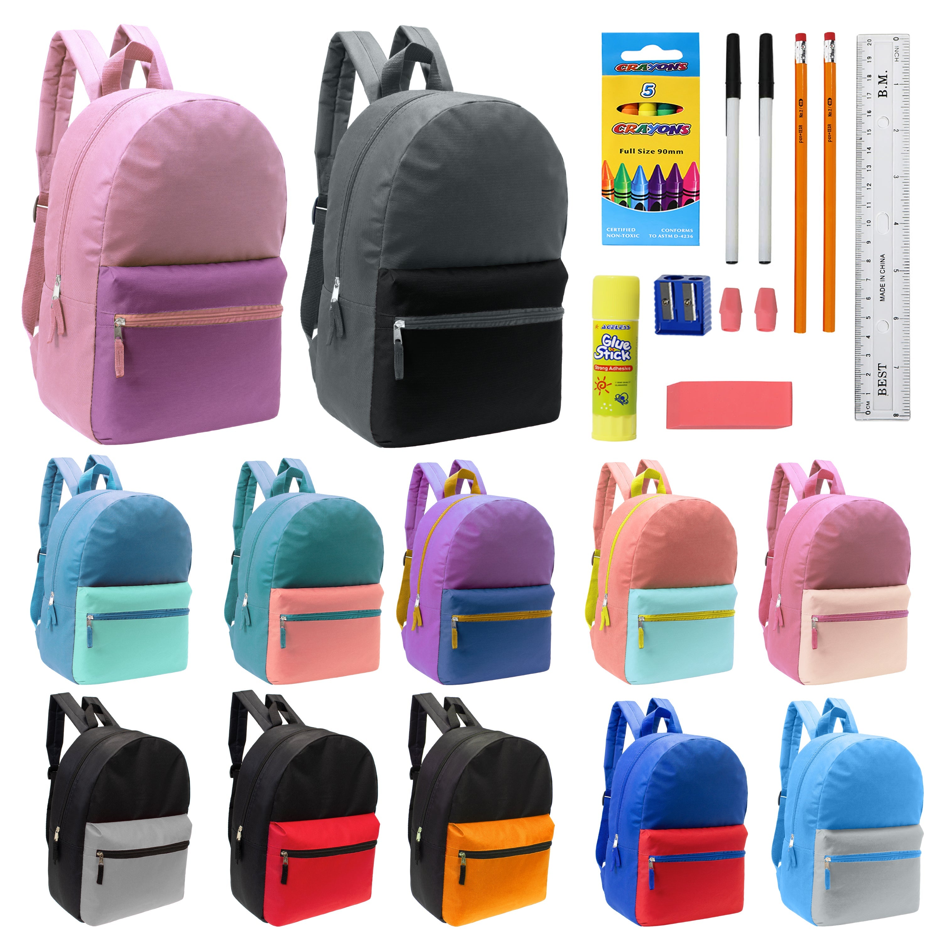 12 Wholesale Multi Color Student Backpacks in Assorted Colors and 12 Bulk School Supply Kits of Your Choice