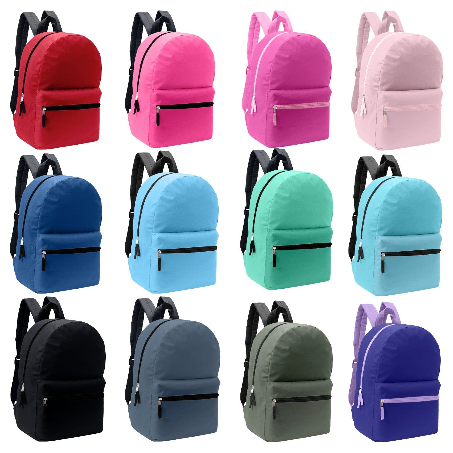 12 Wholesale Blank Student 17" Backpacks in Assorted Colors and 12 Bulk School Supply Kits of Your Choice