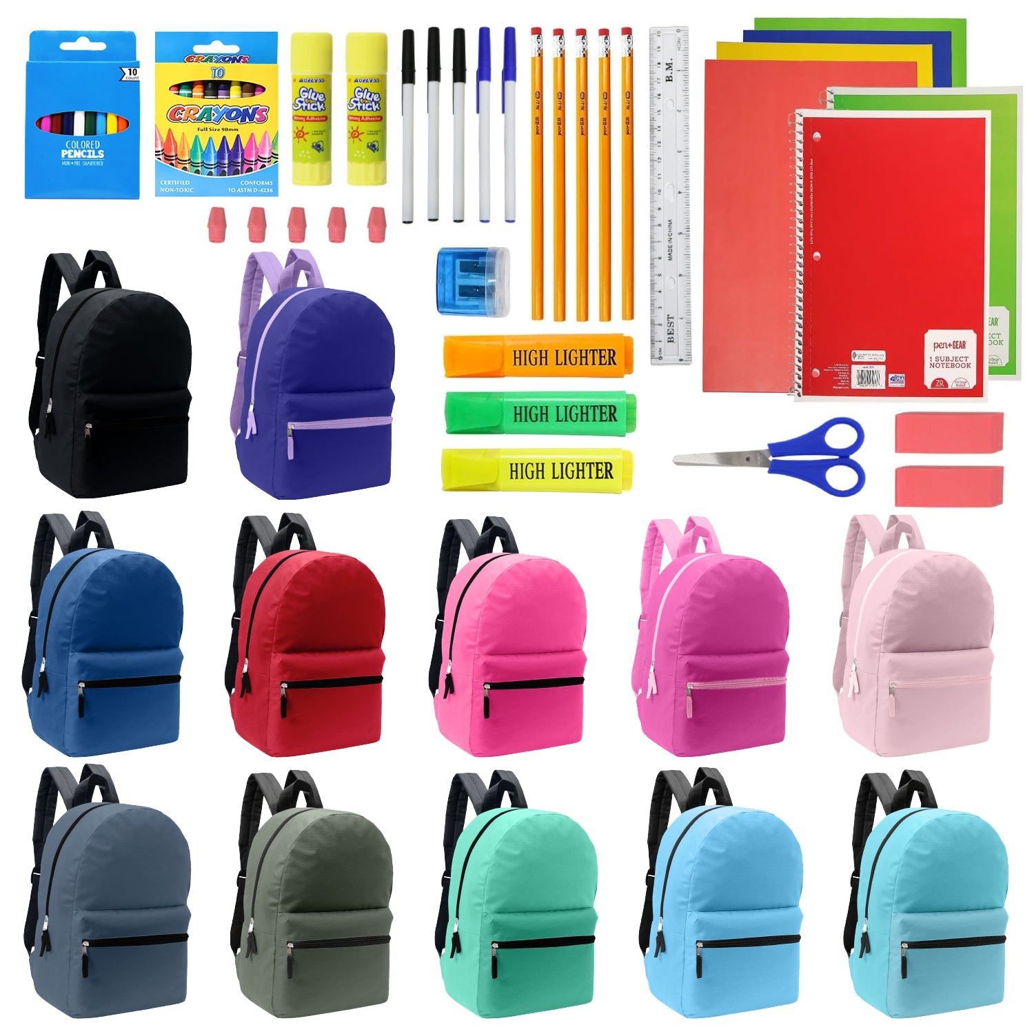 12 Wholesale Blank Student 17" Backpacks in Assorted Colors and 12 Bulk School Supply Kits of Your Choice