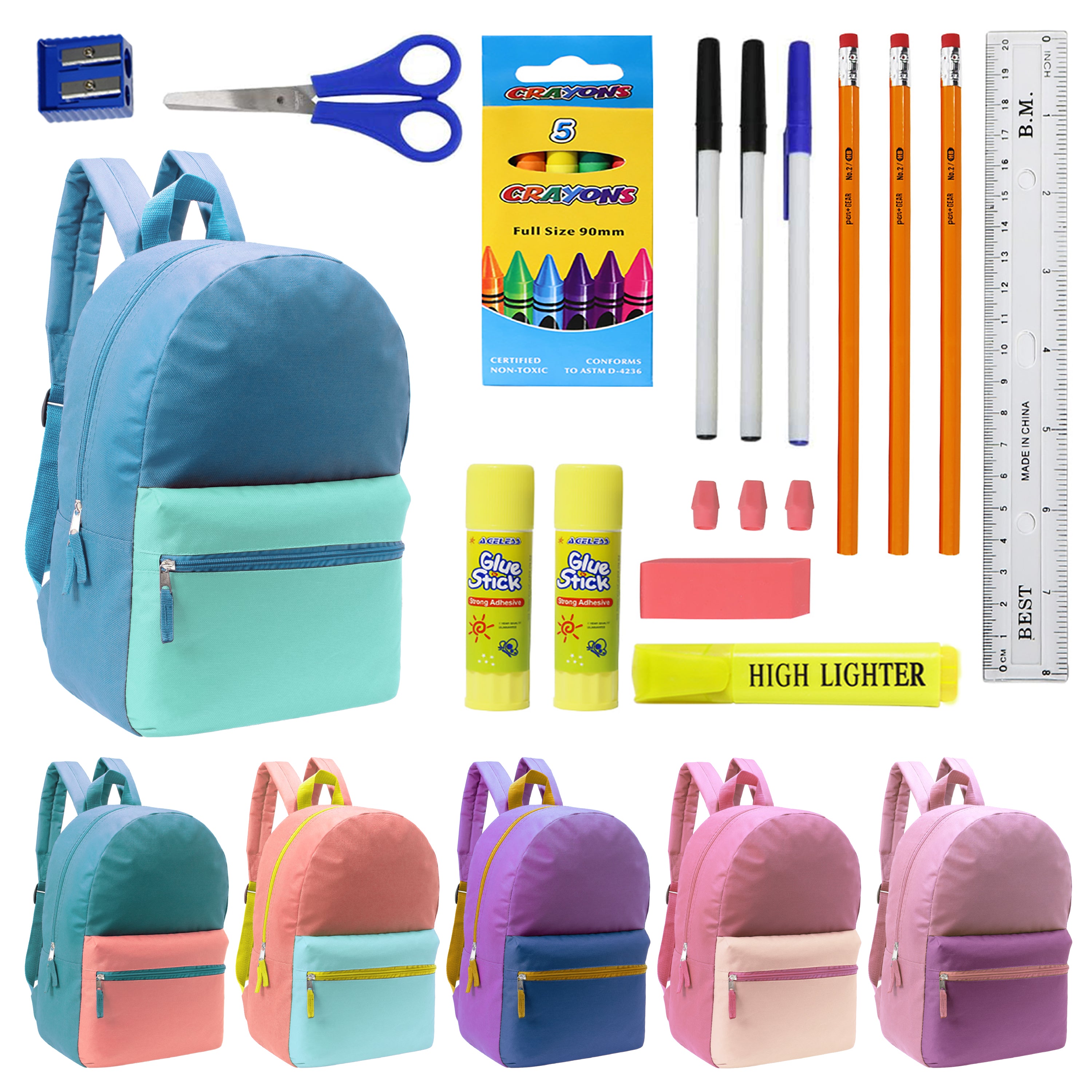 12 Wholesale Multi Color Student Backpacks in Assorted Colors and 12 Bulk School Supply Kits of Your Choice