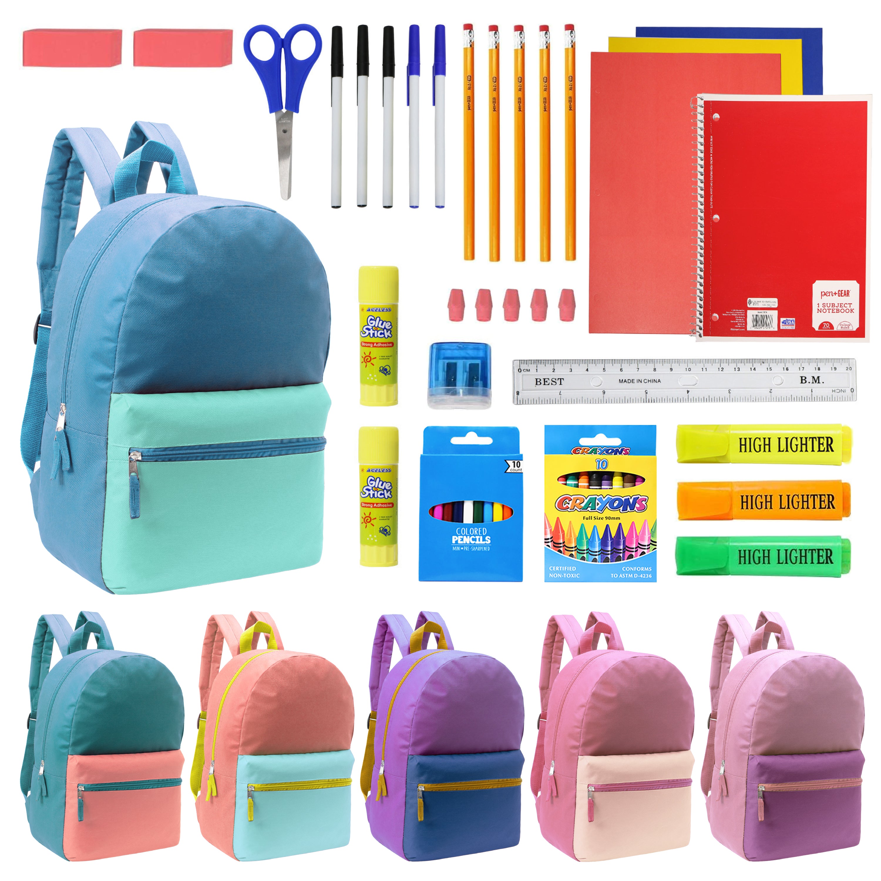 12 Wholesale Multi Color Student Backpacks in Assorted Colors and 12 Bulk School Supply Kits of Your Choice