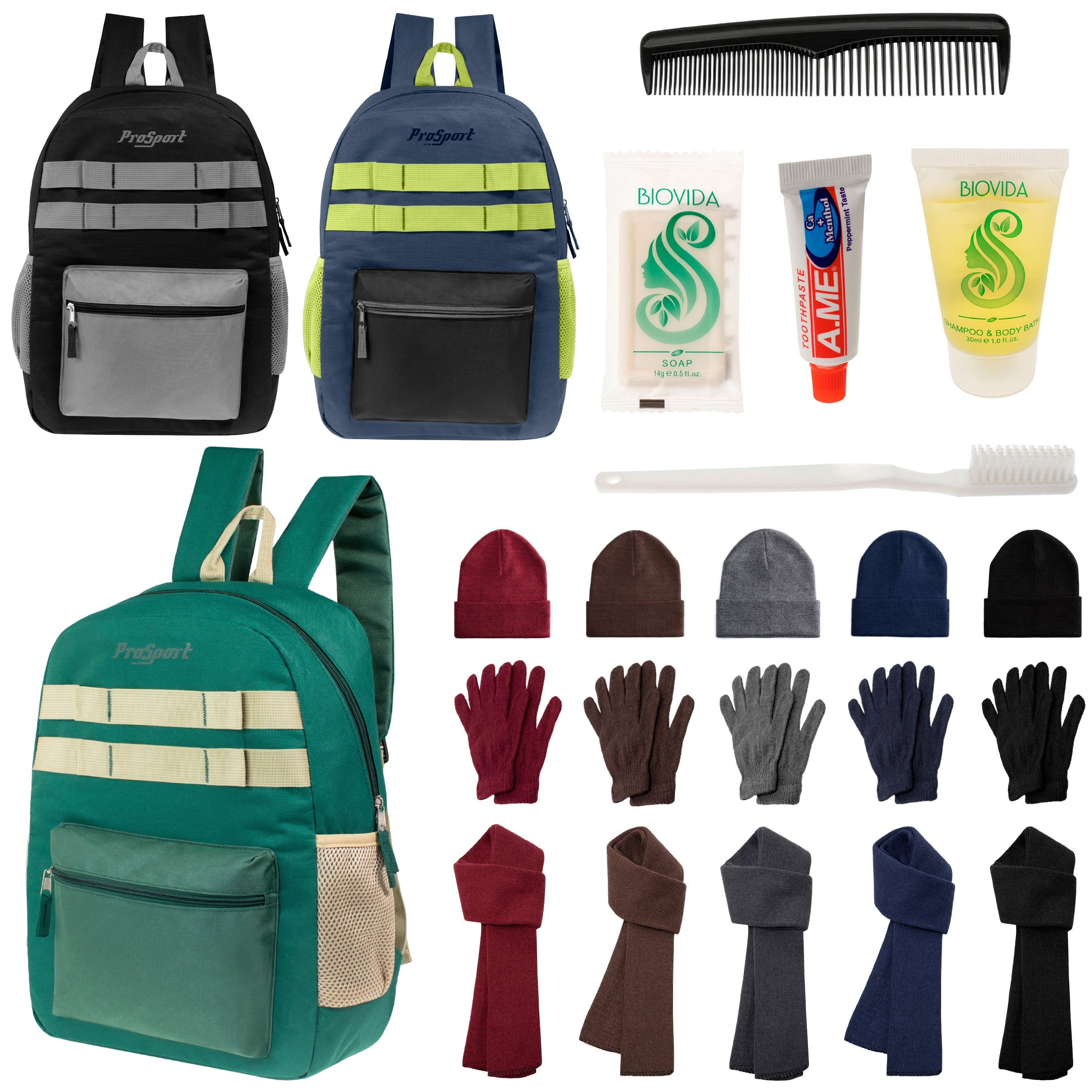 12 Durable 17" Multi- Color Backpacks, 12 Winter Item Sets & Your Choice of 12 Bulk Hygiene Kits - Wholesale Homeless Care Package