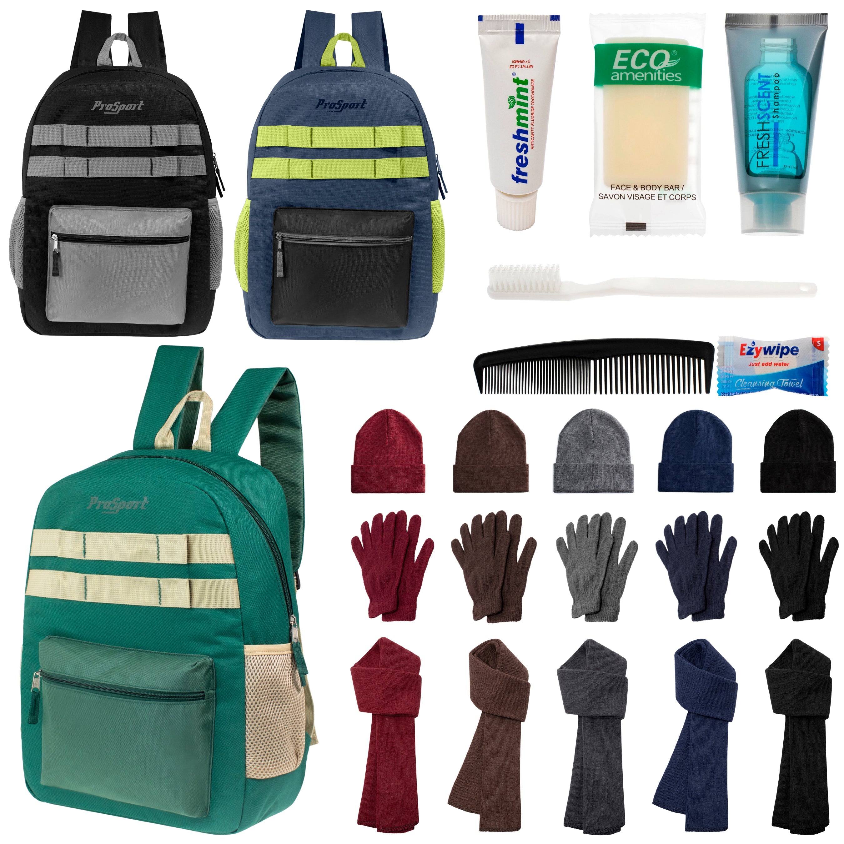 12 Durable 17" Multi- Color Backpacks, 12 Winter Item Sets & Your Choice of 12 Bulk Hygiene Kits - Wholesale Homeless Care Package