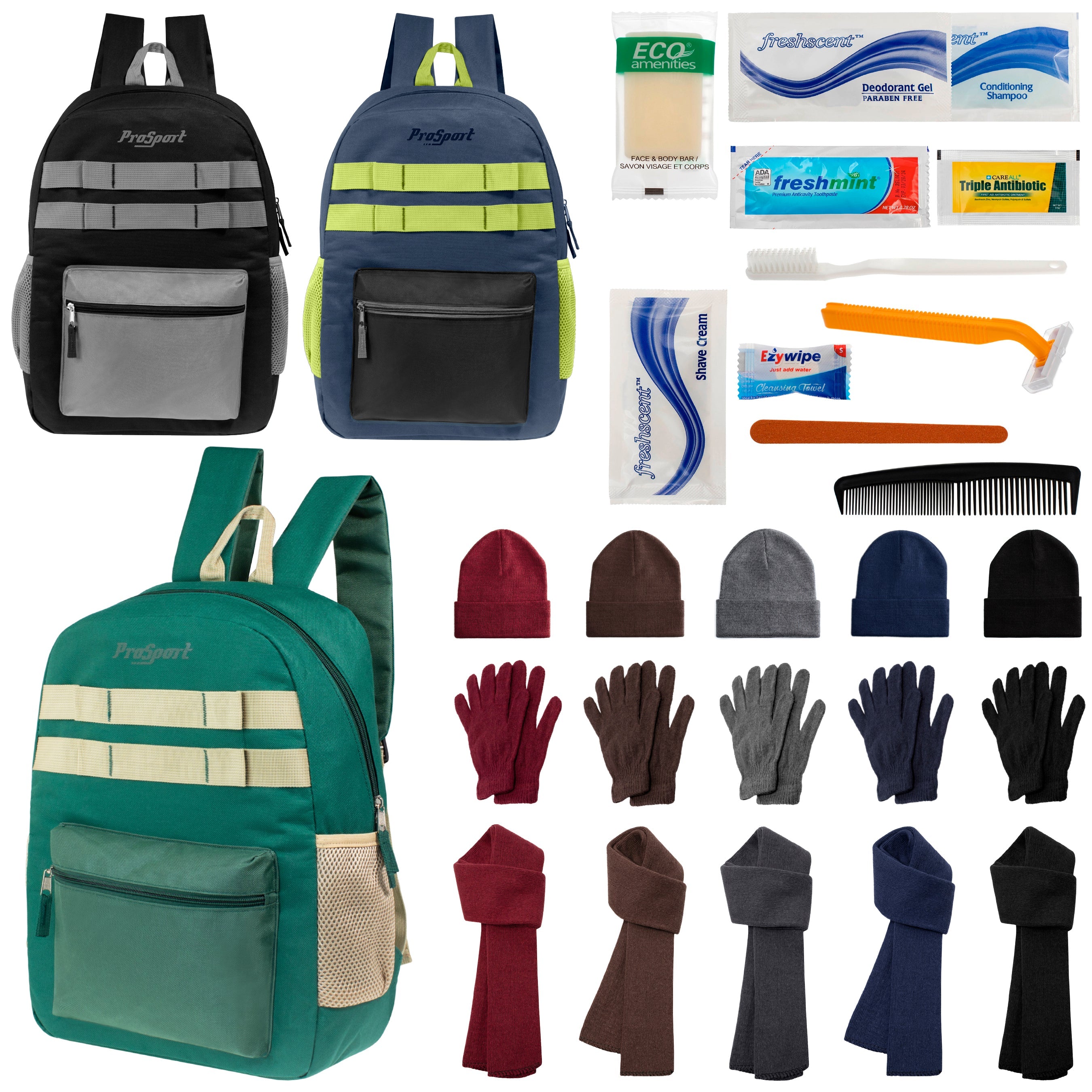 12 Durable 17" Multi- Color Backpacks, 12 Winter Item Sets & Your Choice of 12 Bulk Hygiene Kits - Wholesale Homeless Care Package