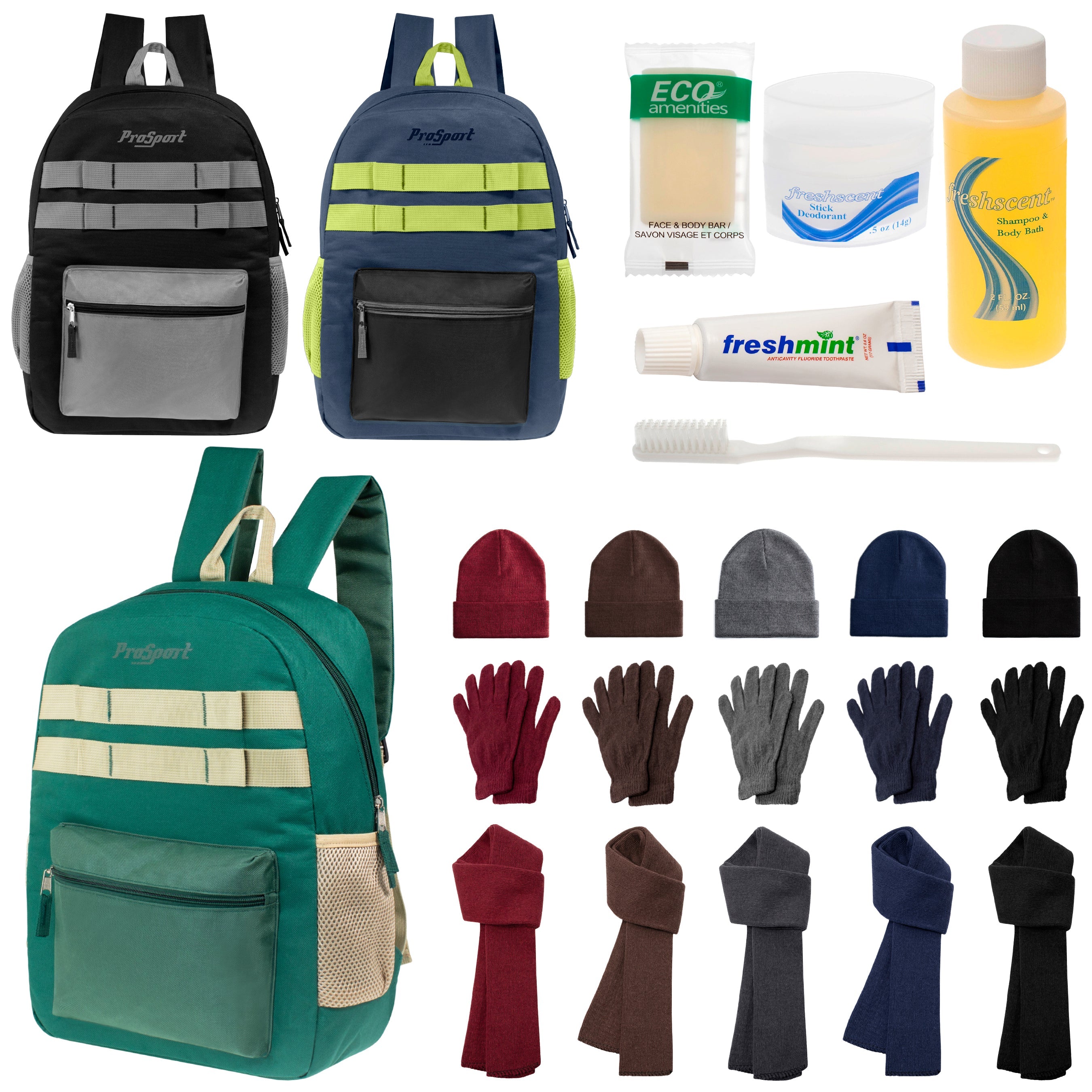 12 Durable 17" Multi- Color Backpacks, 12 Winter Item Sets & Your Choice of 12 Bulk Hygiene Kits - Wholesale Homeless Care Package