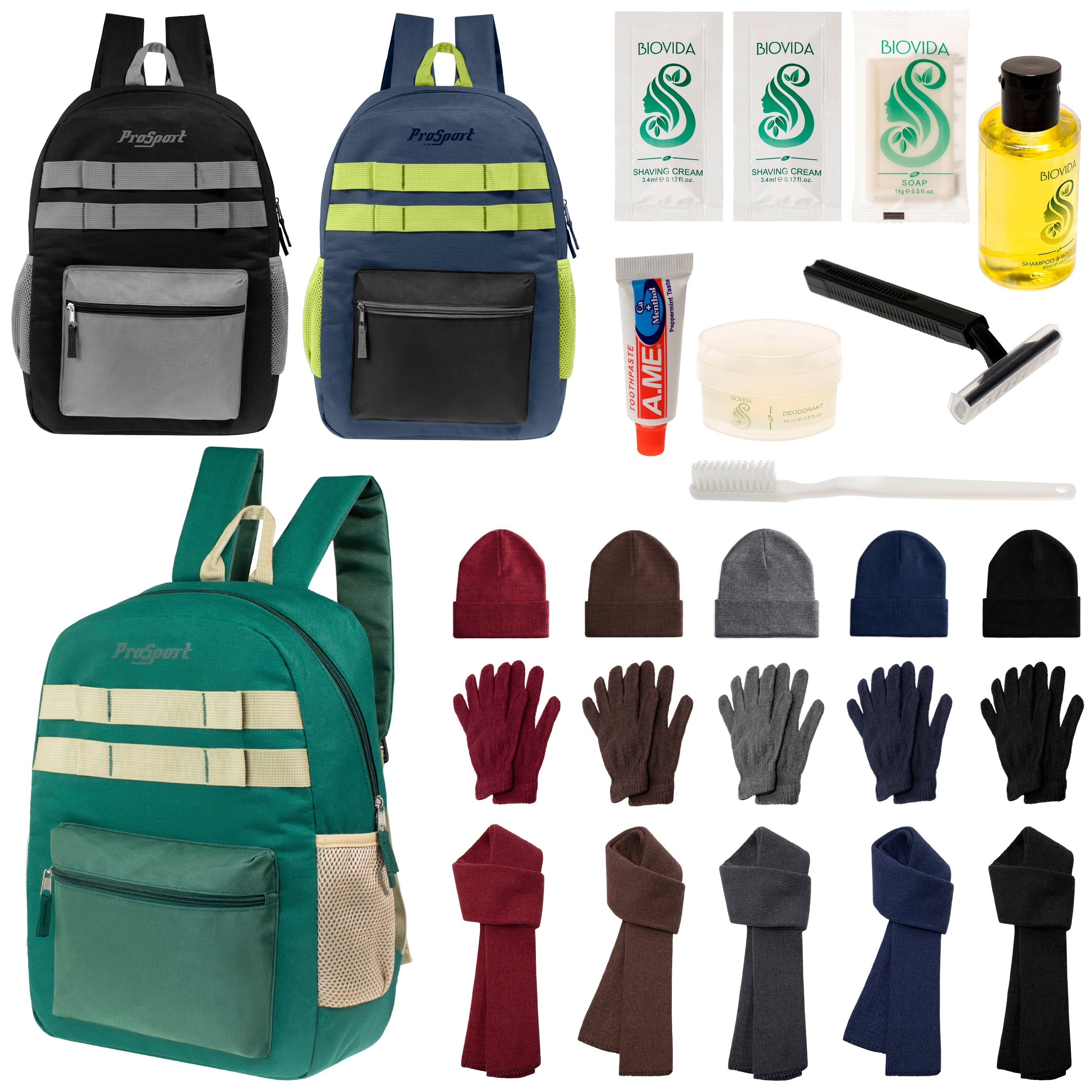 12 Durable 17" Multi- Color Backpacks, 12 Winter Item Sets & Your Choice of 12 Bulk Hygiene Kits - Wholesale Homeless Care Package