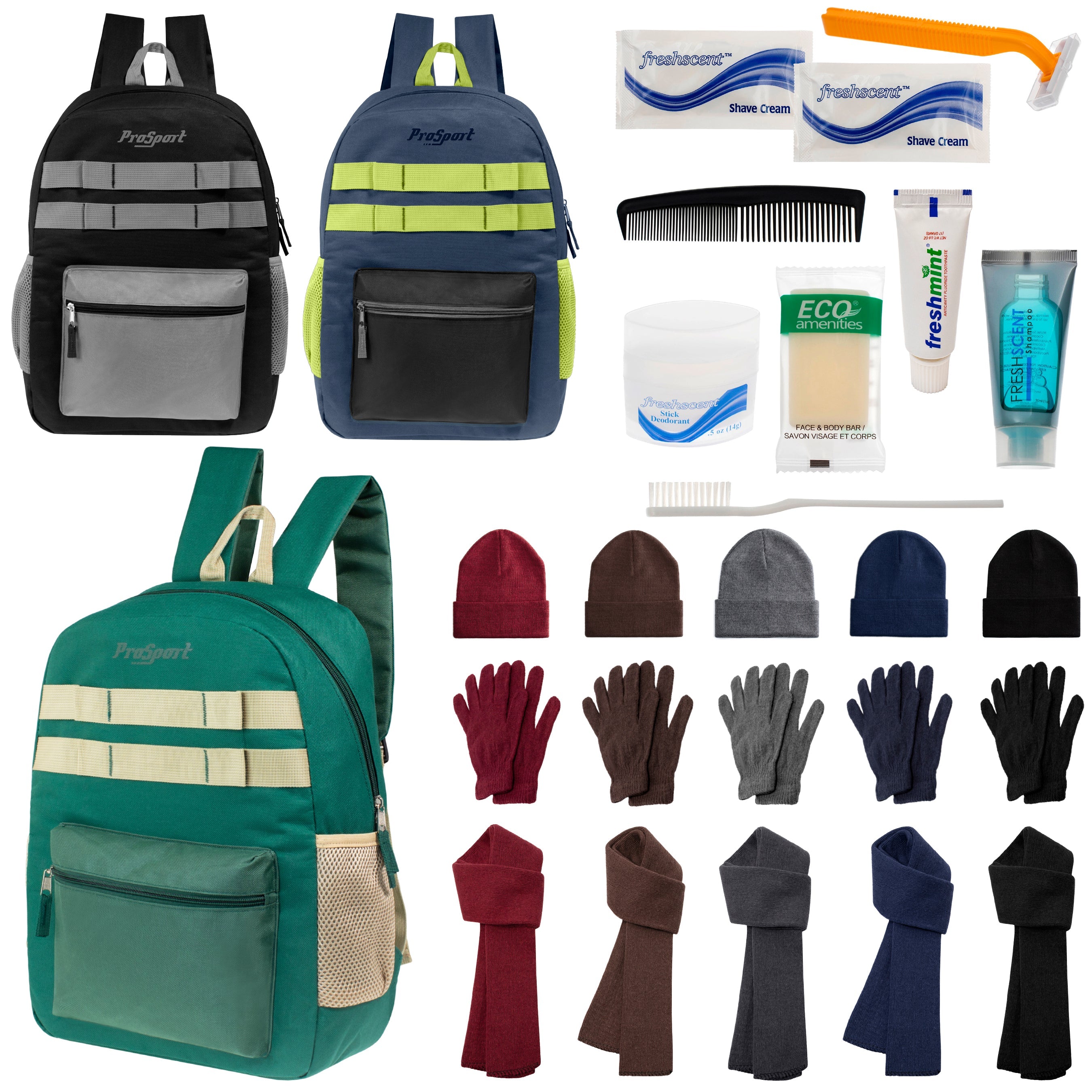 12 Durable 17" Multi- Color Backpacks, 12 Winter Item Sets & Your Choice of 12 Bulk Hygiene Kits - Wholesale Homeless Care Package