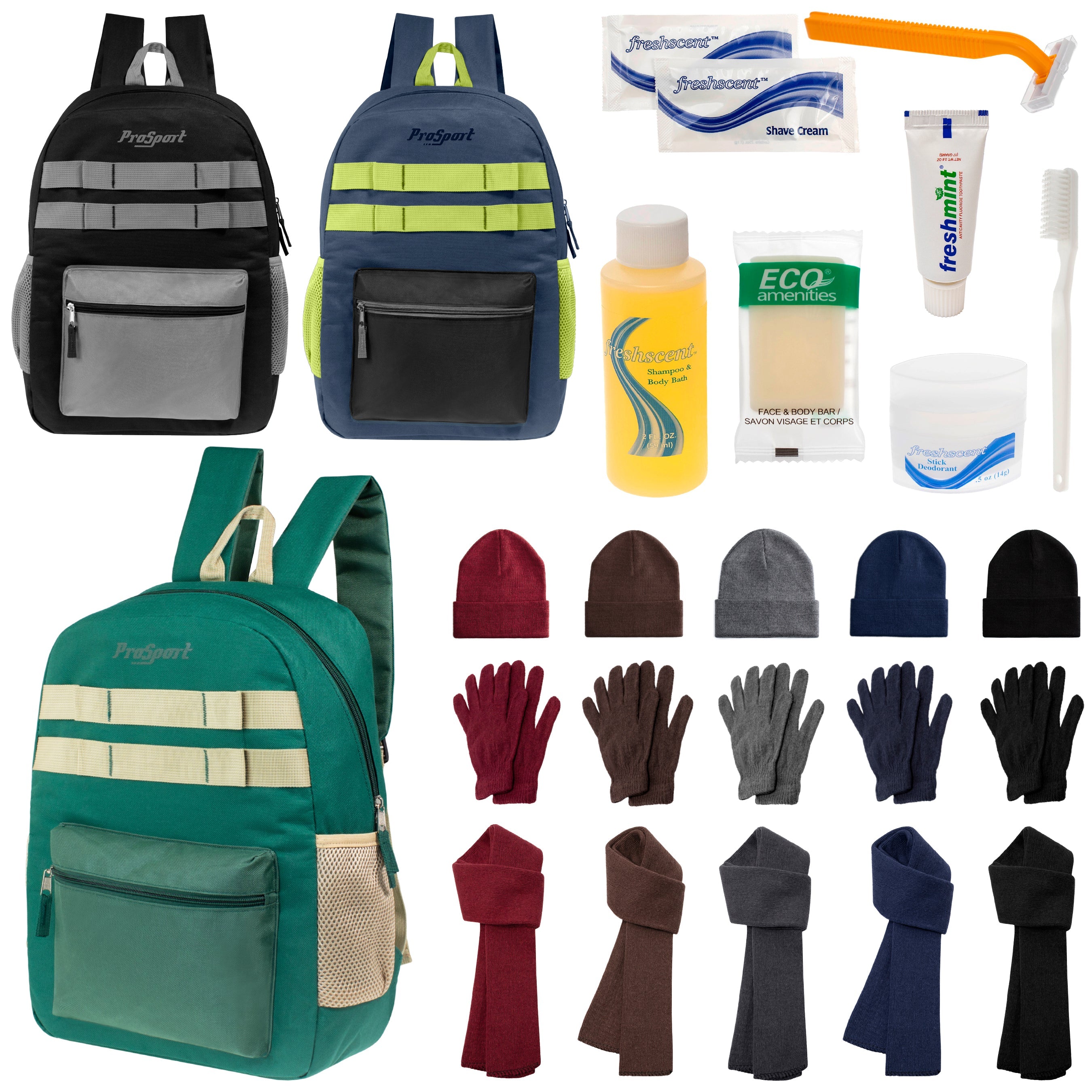 12 Durable 17" Multi- Color Backpacks, 12 Winter Item Sets & Your Choice of 12 Bulk Hygiene Kits - Wholesale Homeless Care Package