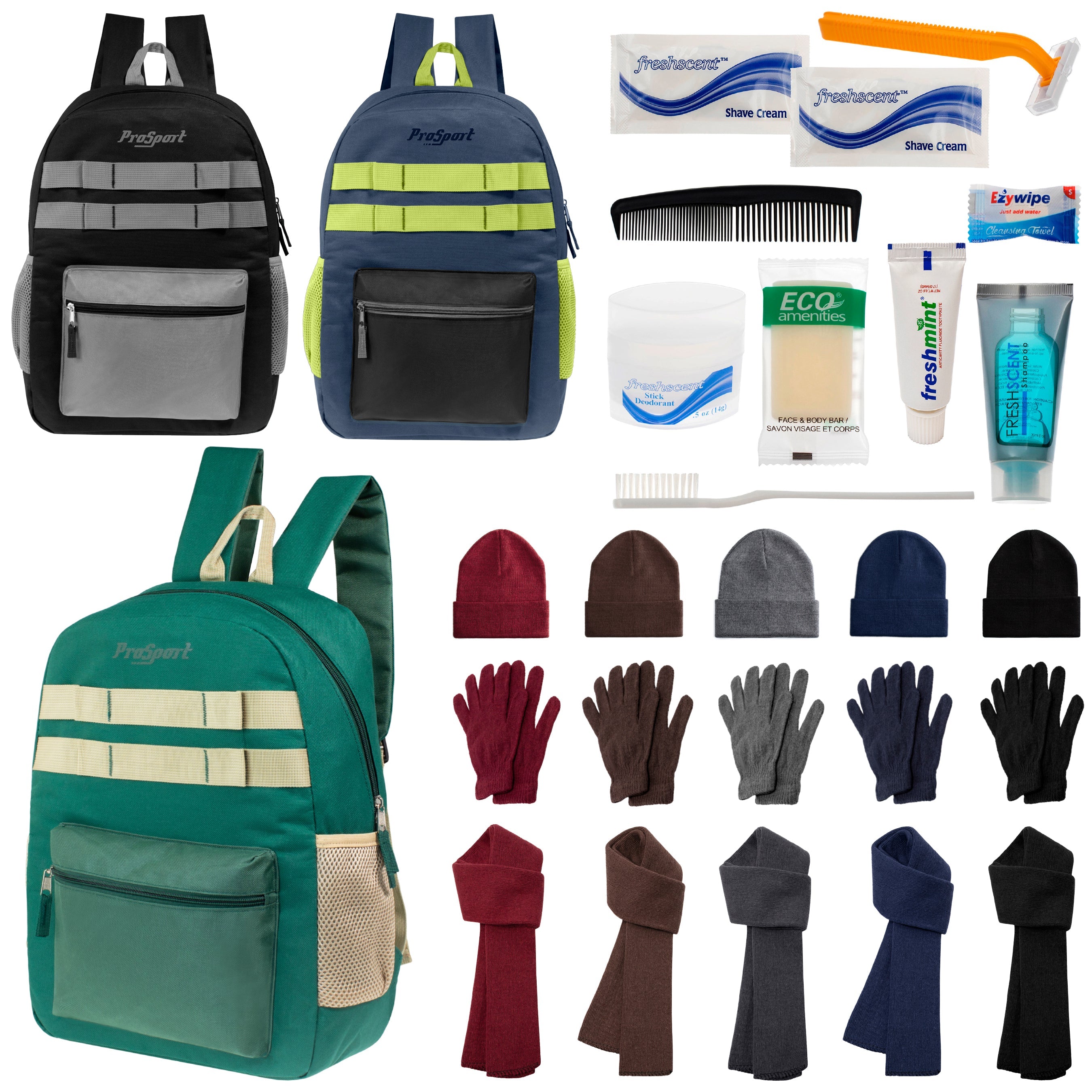 12 Durable 17" Multi- Color Backpacks, 12 Winter Item Sets & Your Choice of 12 Bulk Hygiene Kits - Wholesale Homeless Care Package