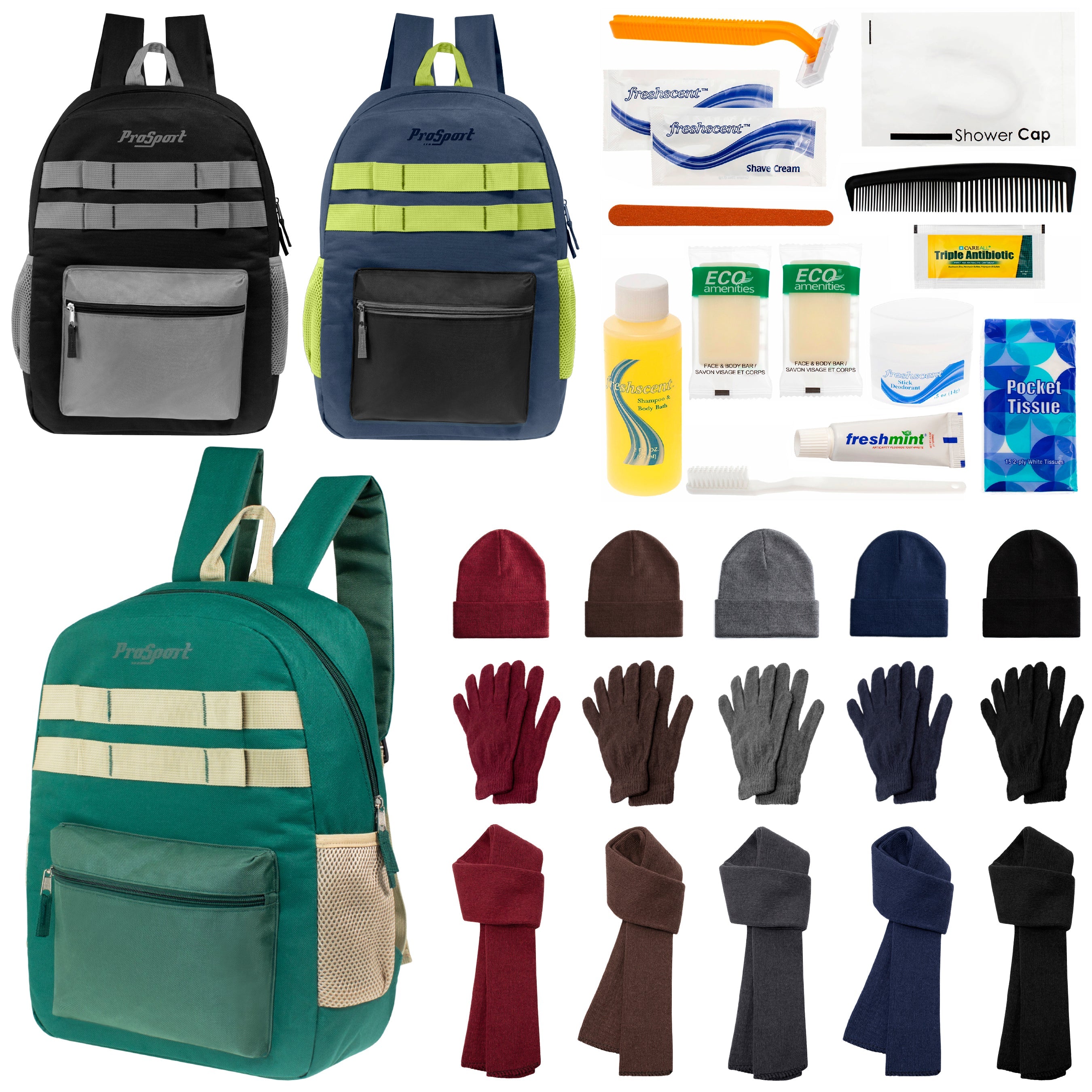 12 Durable 17" Multi- Color Backpacks, 12 Winter Item Sets & Your Choice of 12 Bulk Hygiene Kits - Wholesale Homeless Care Package