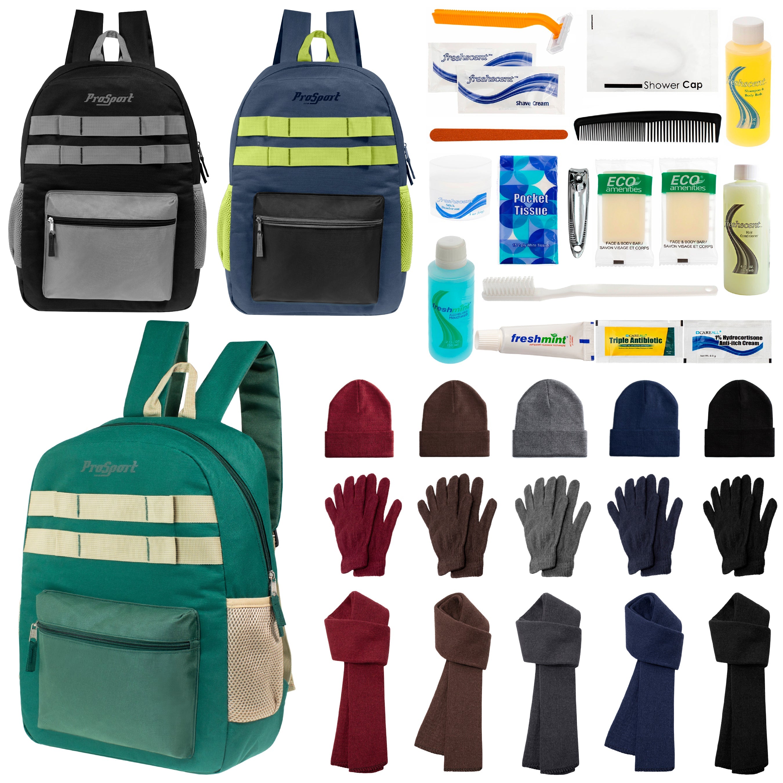 12 Durable 17" Multi- Color Backpacks, 12 Winter Item Sets & Your Choice of 12 Bulk Hygiene Kits - Wholesale Homeless Care Package